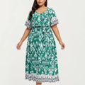 Anna-Kaci Short Sleeve V Neck Midi Dress with Waist Tie Belt All Over Print Border Detail Flowy Fit Dress