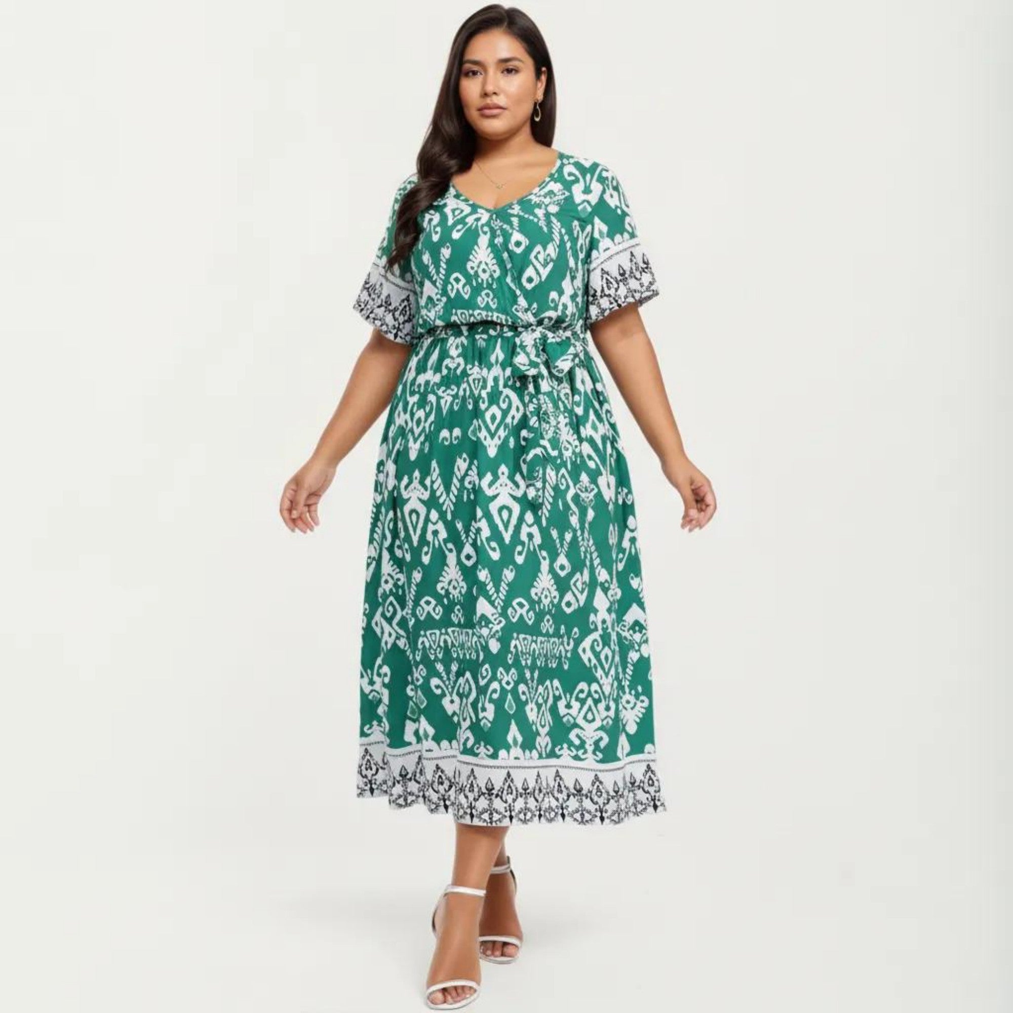Anna-Kaci Short Sleeve V Neck Midi Dress with Waist Tie Belt All Over Print Border Detail Flowy Fit Dress