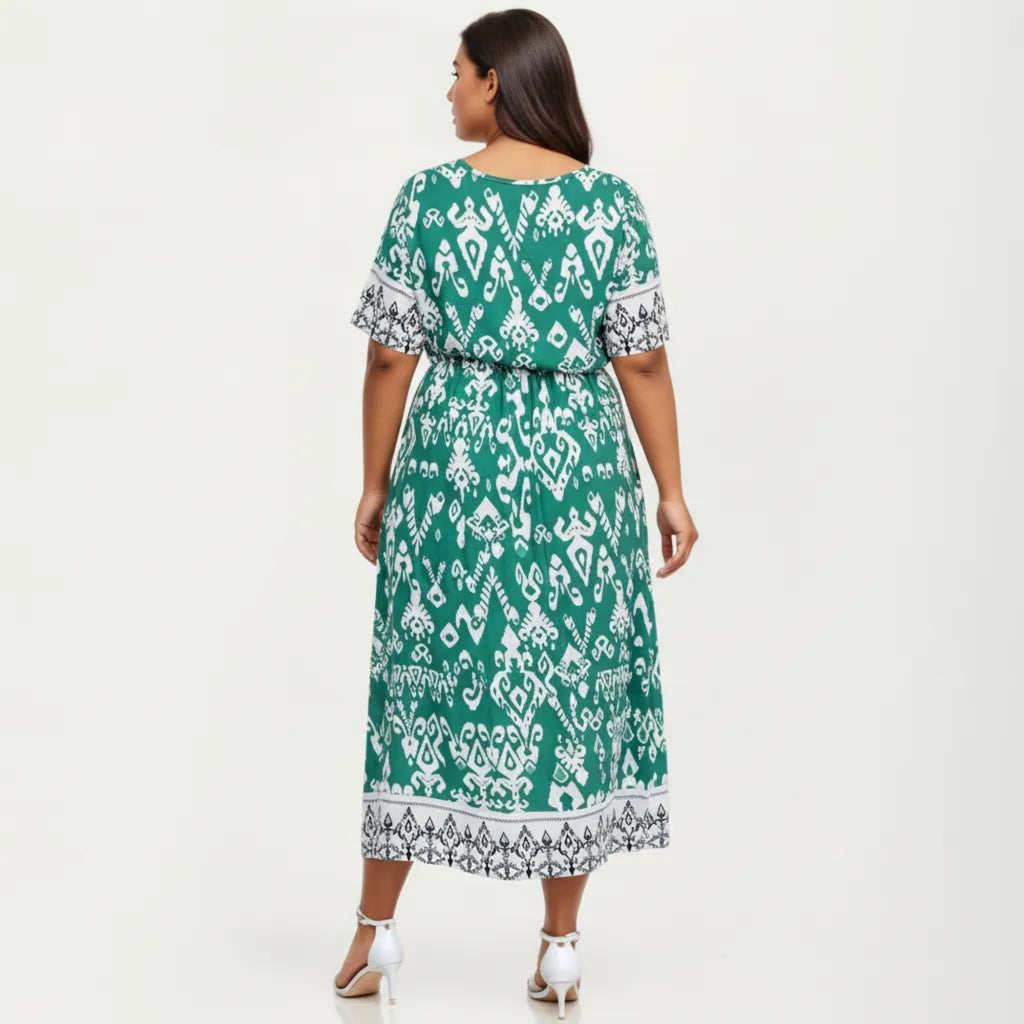 Anna-Kaci Short Sleeve V Neck Midi Dress with Waist Tie Belt All Over Print Border Detail Flowy Fit Dress