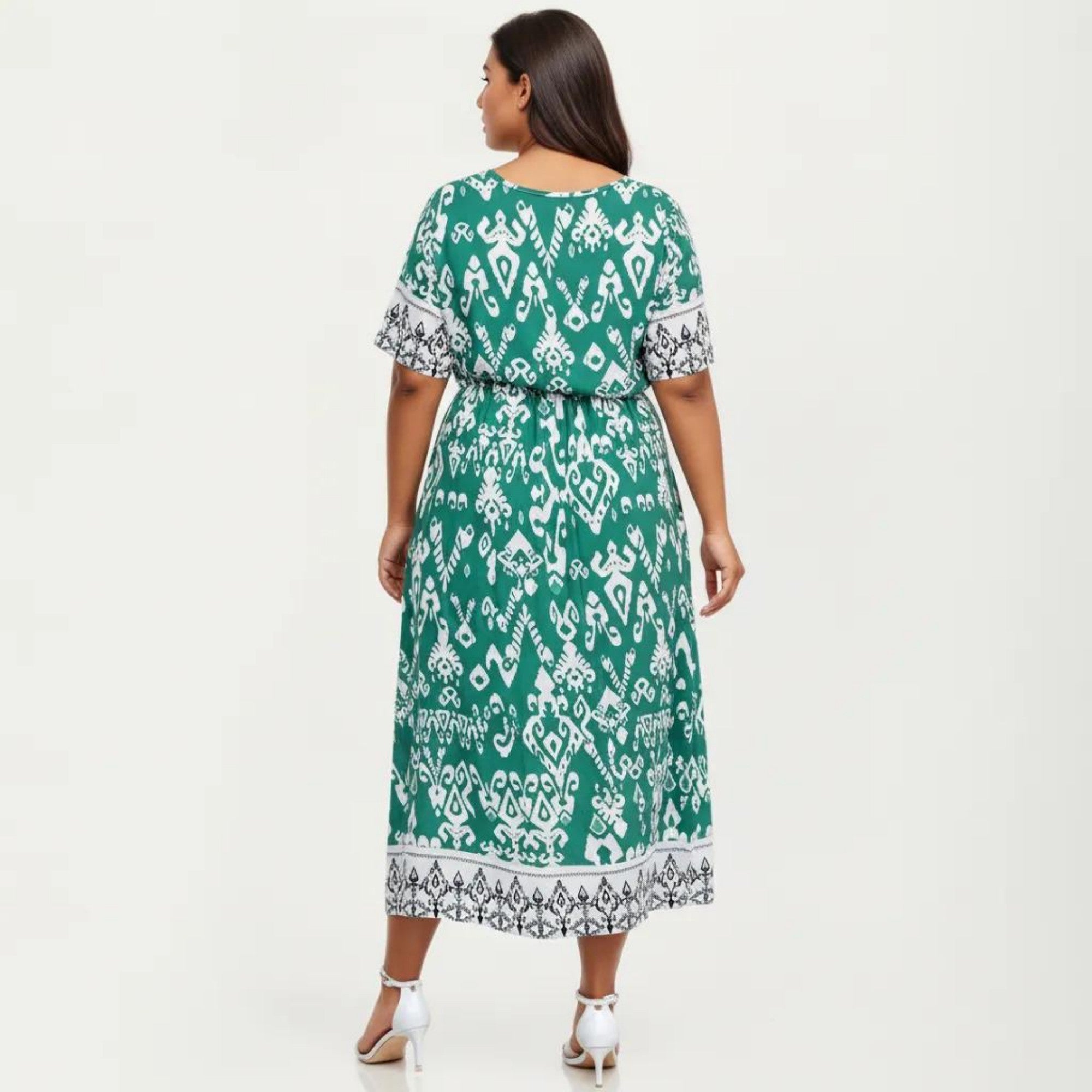 Anna-Kaci Short Sleeve V Neck Midi Dress with Waist Tie Belt All Over Print Border Detail Flowy Fit Dress