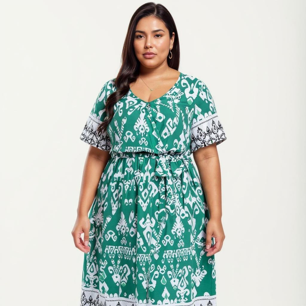 Anna-Kaci Short Sleeve V Neck Midi Dress with Waist Tie Belt All Over Print Border Detail Flowy Fit Dress