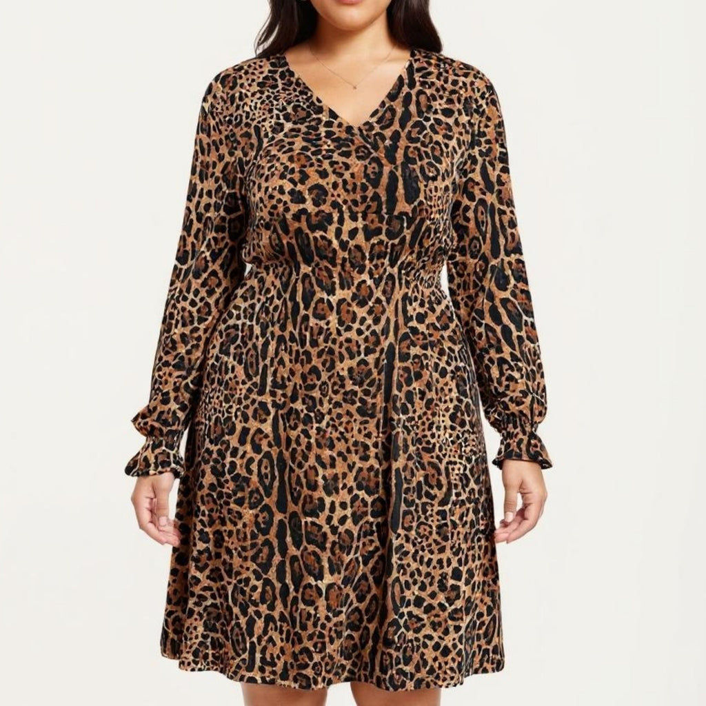 Anna-Kaci Long Sleeve Leopard Print Midi Dress with V Neck Elastic Waist Flowy A Line Fit Casual Dress