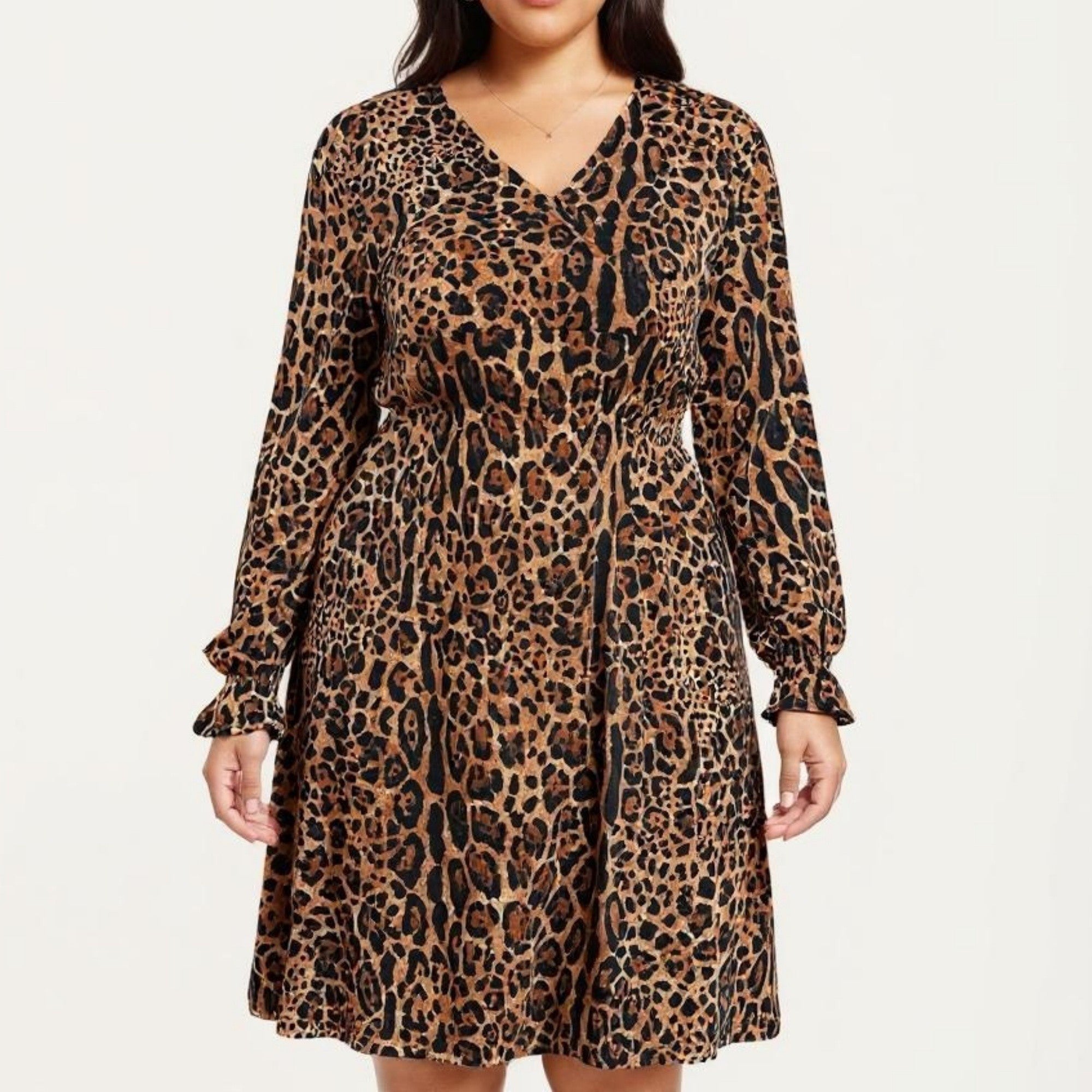 Anna-Kaci Long Sleeve Leopard Print Midi Dress with V Neck Elastic Waist Flowy A Line Fit Casual Dress