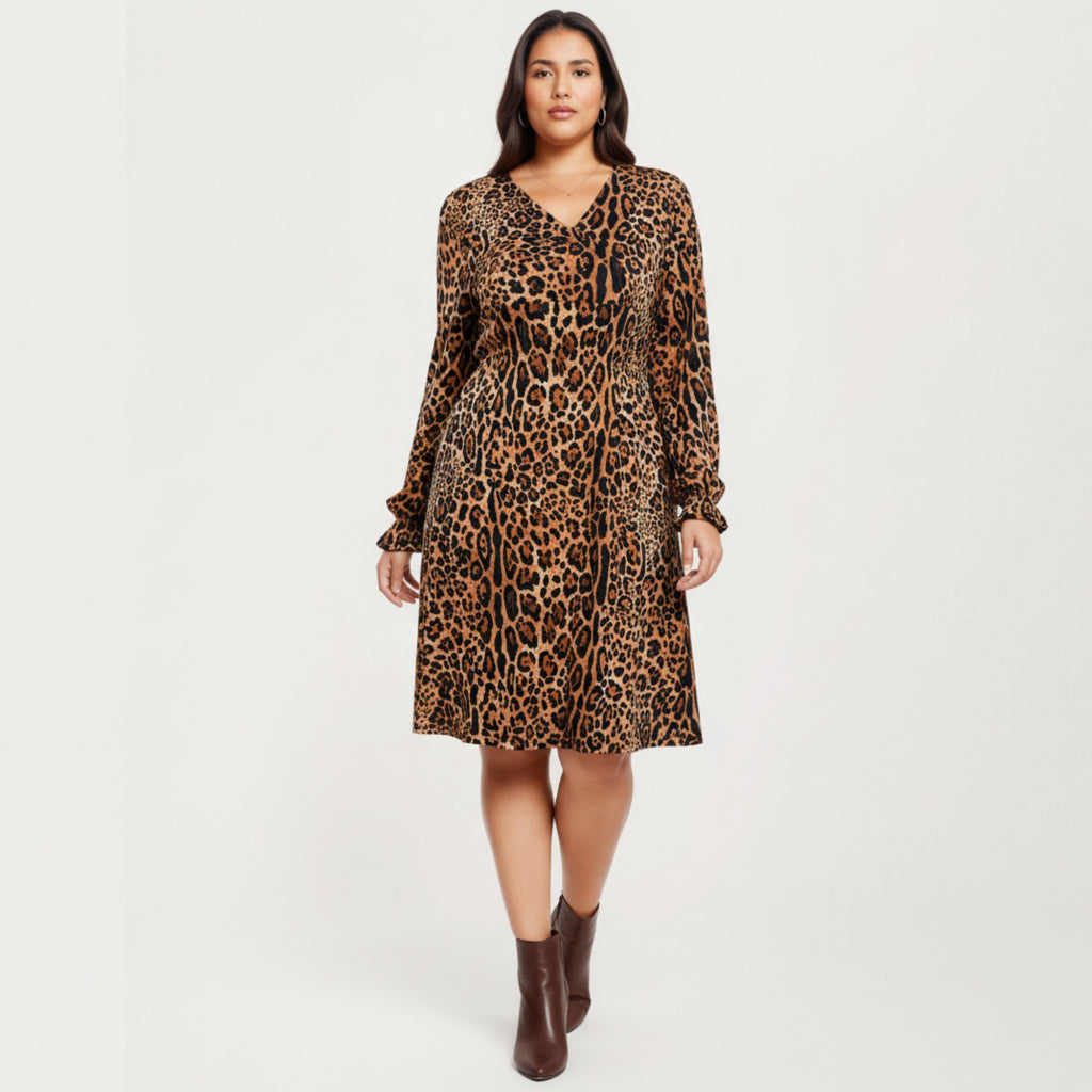 Anna-Kaci Long Sleeve Leopard Print Midi Dress with V Neck Elastic Waist Flowy A Line Fit Casual Dress