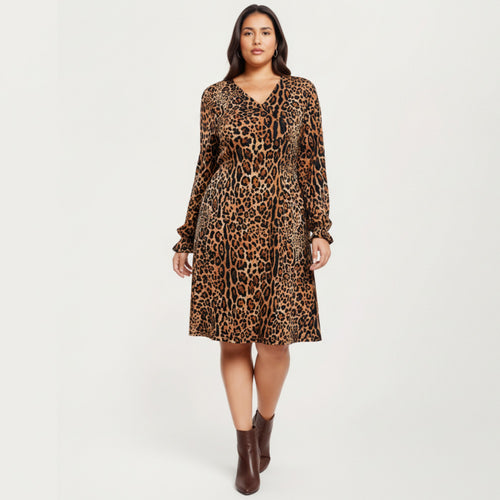 Anna-Kaci Long Sleeve Leopard Print Midi Dress with V Neck Elastic Waist Flowy A Line Fit Casual Dress