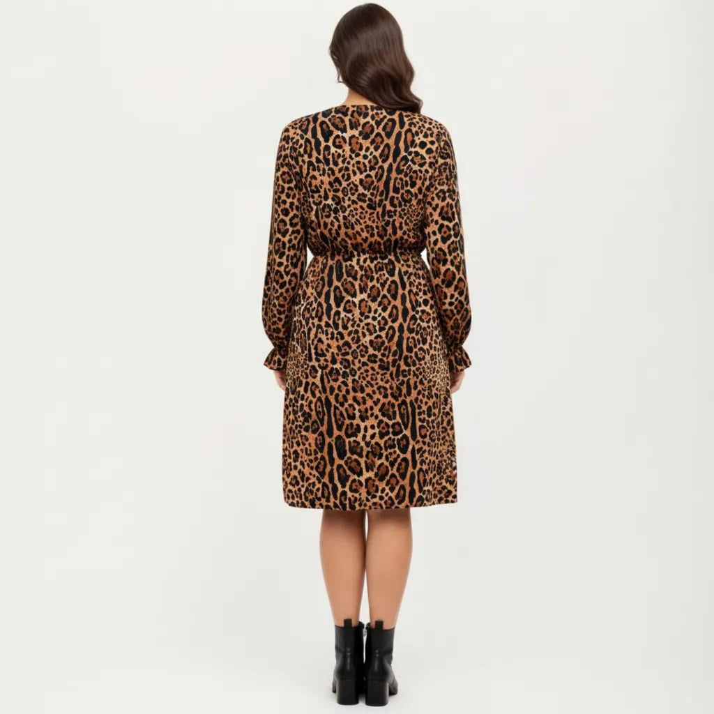 Anna-Kaci Long Sleeve Leopard Print Midi Dress with V Neck Elastic Waist Flowy A Line Fit Casual Dress