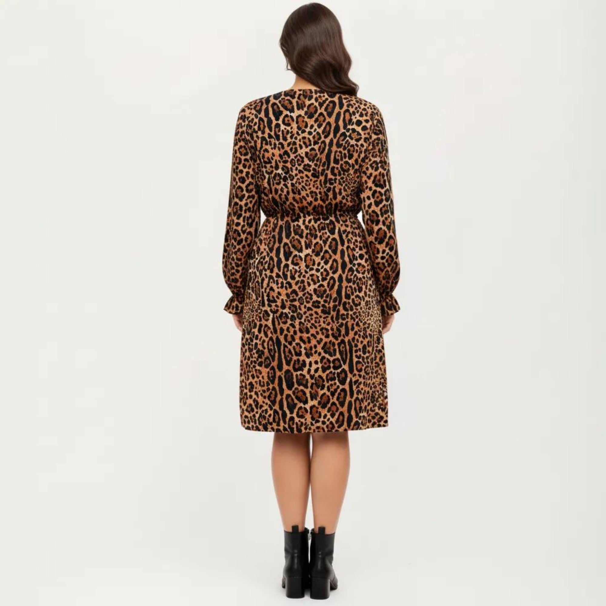 Anna-Kaci Long Sleeve Leopard Print Midi Dress with V Neck Elastic Waist Flowy A Line Fit Casual Dress