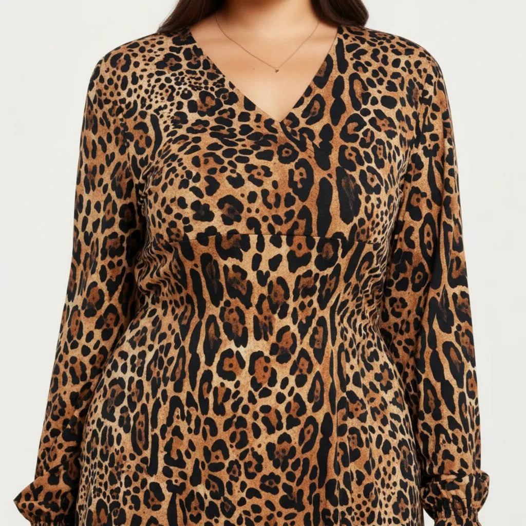 Anna-Kaci Long Sleeve Leopard Print Midi Dress with V Neck Elastic Waist Flowy A Line Fit Casual Dress