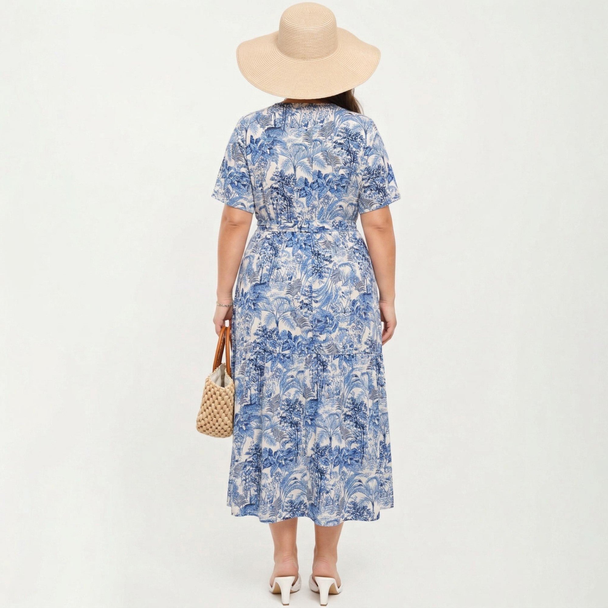 Anna-Kaci Short Sleeve V Neck Midi Dress with Waist Tie Belt All Over Print Flowy Fit Casual Vacation Dress