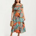 Anna-Kaci Off Shoulder Tropical Print Midi Dress with Ruffle Neckline Elastic Waist Tiered Hem Flowy Dress