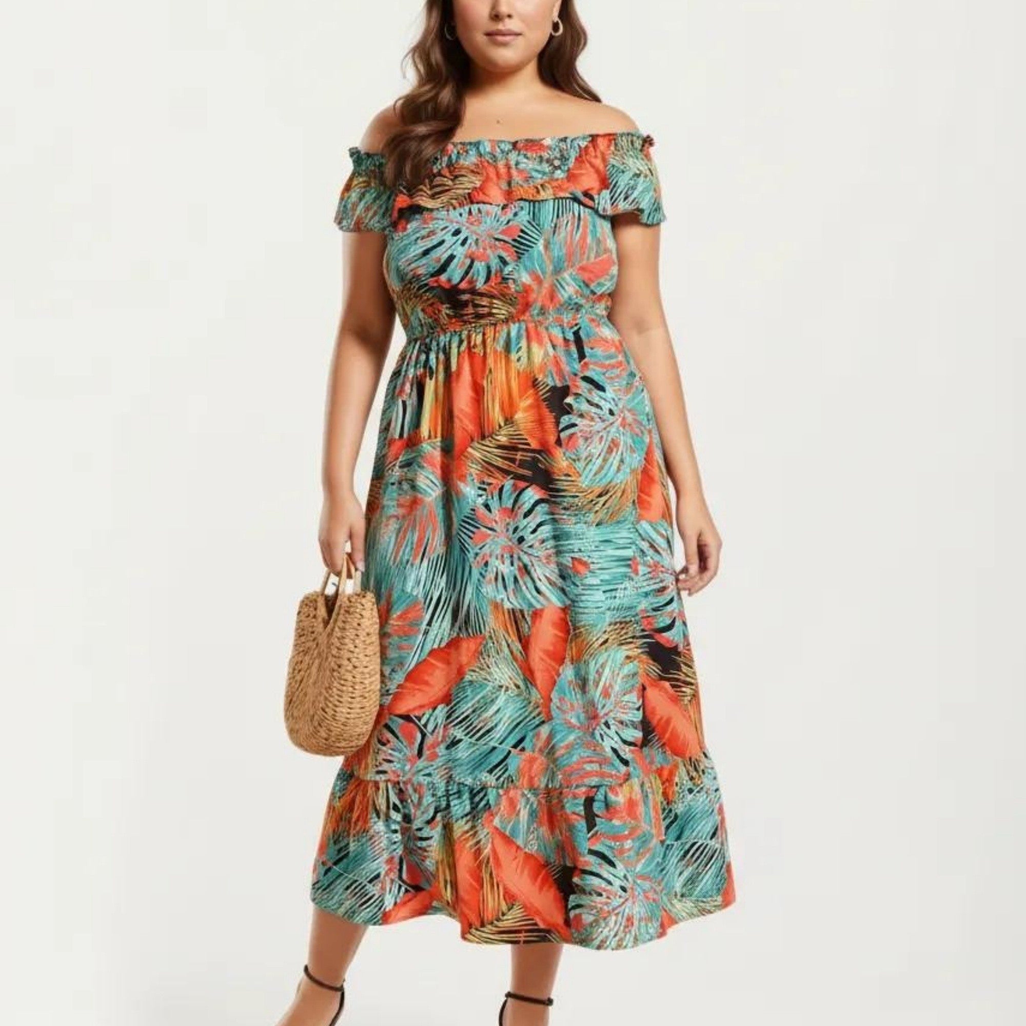 Anna-Kaci Off Shoulder Tropical Print Midi Dress with Ruffle Neckline Elastic Waist Tiered Hem Flowy Dress
