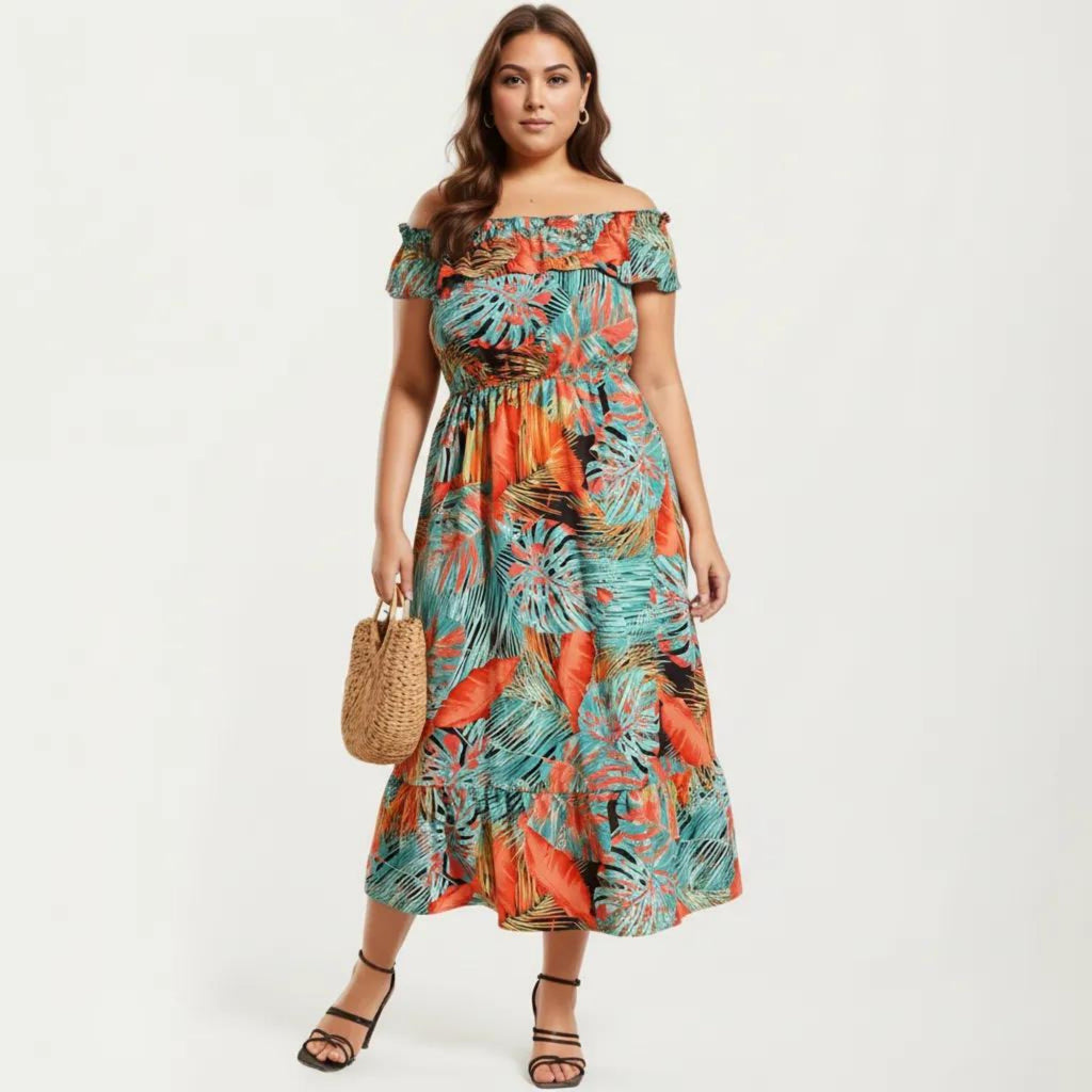 Anna-Kaci Off Shoulder Tropical Print Midi Dress with Ruffle Neckline Elastic Waist Tiered Hem Flowy Dress