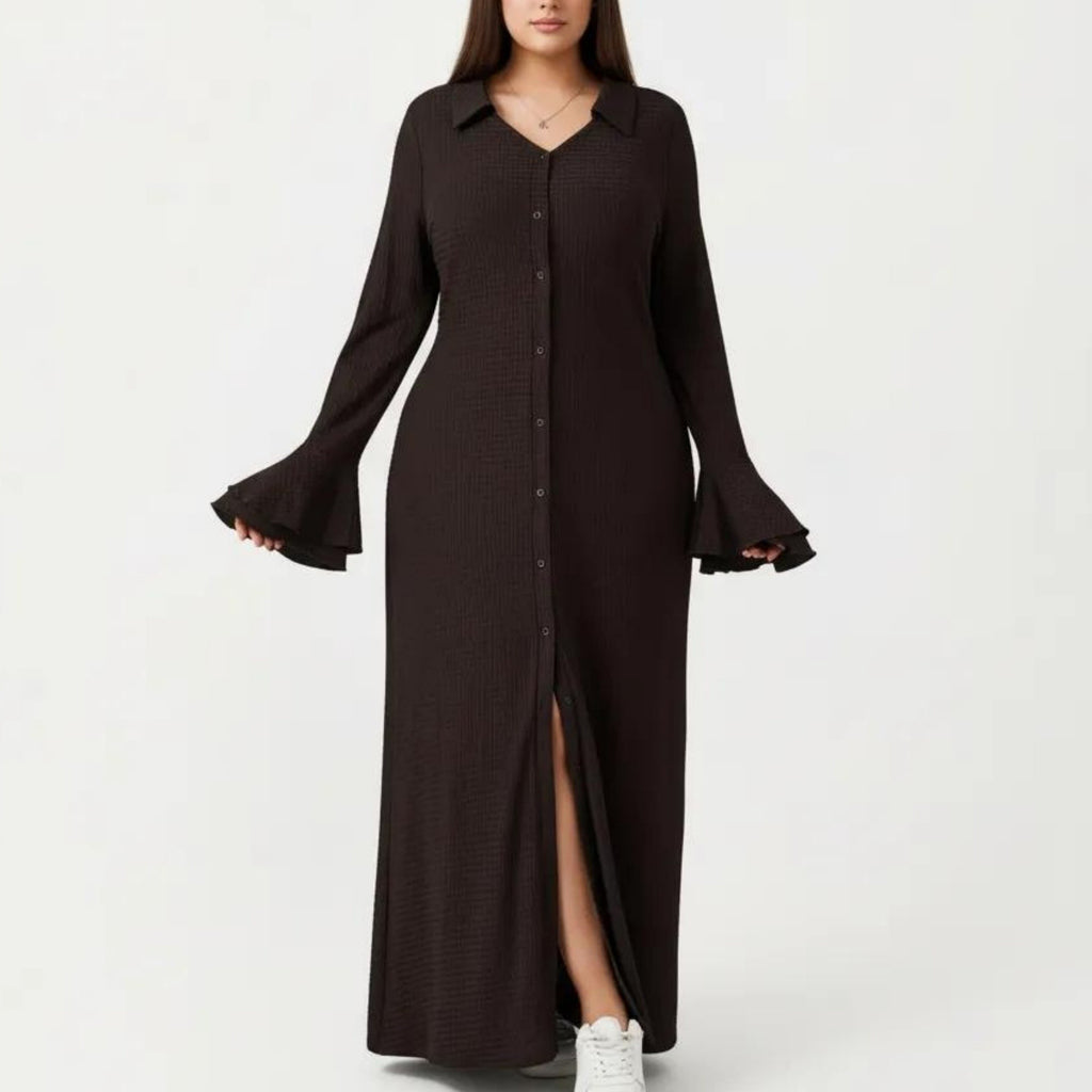 Anna-Kaci Button Down Maxi Dress with Collar Neck Flare Sleeve Detail Front Slit Relaxed Fit Dress