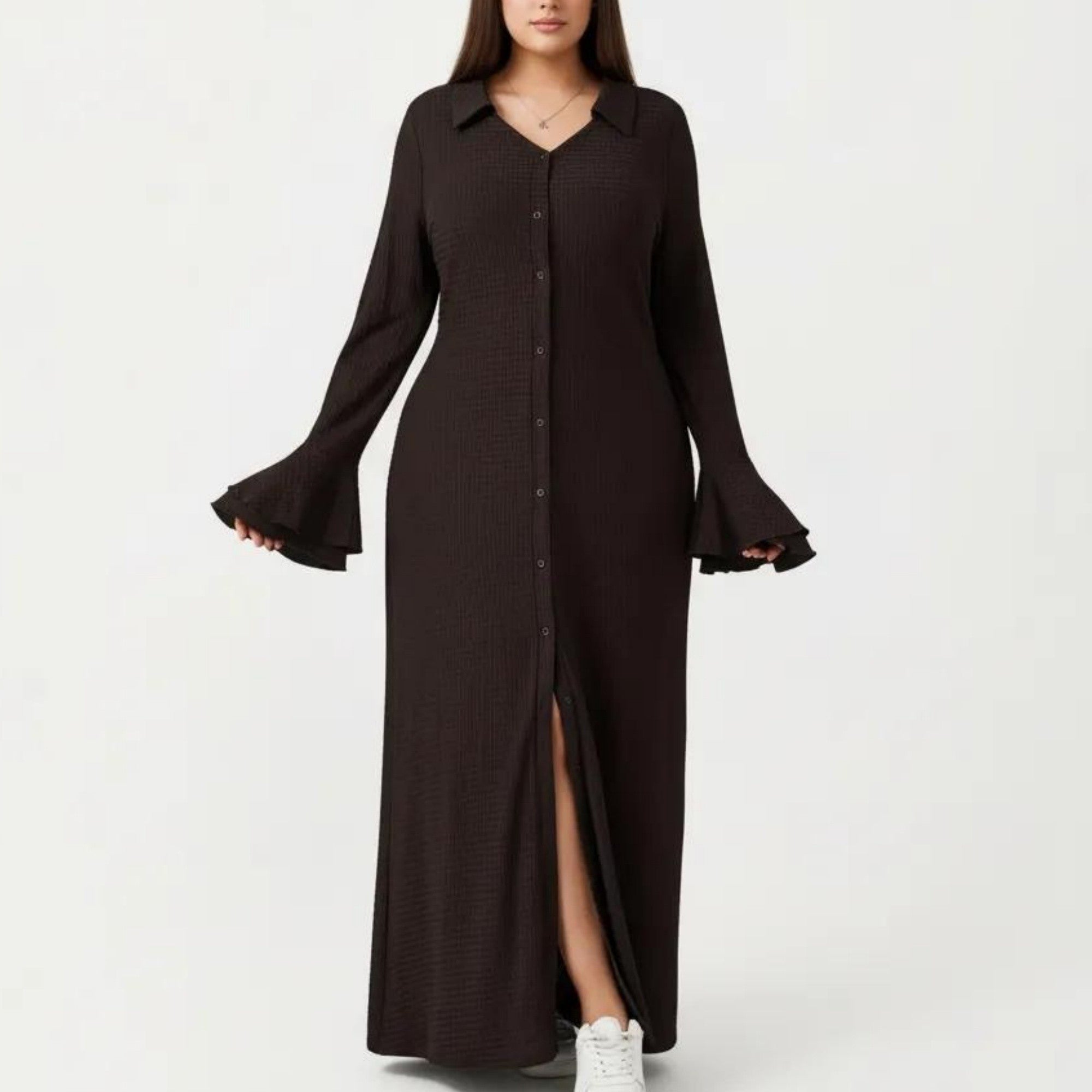 Anna-Kaci Button Down Maxi Dress with Collar Neck Flare Sleeve Detail Front Slit Relaxed Fit Dress