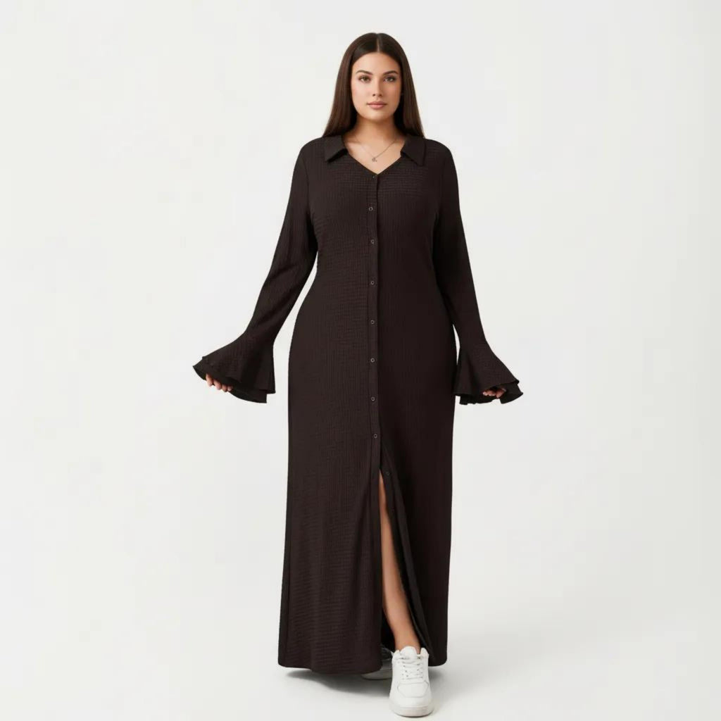 Anna-Kaci Button Down Maxi Dress with Collar Neck Flare Sleeve Detail Front Slit Relaxed Fit Dress