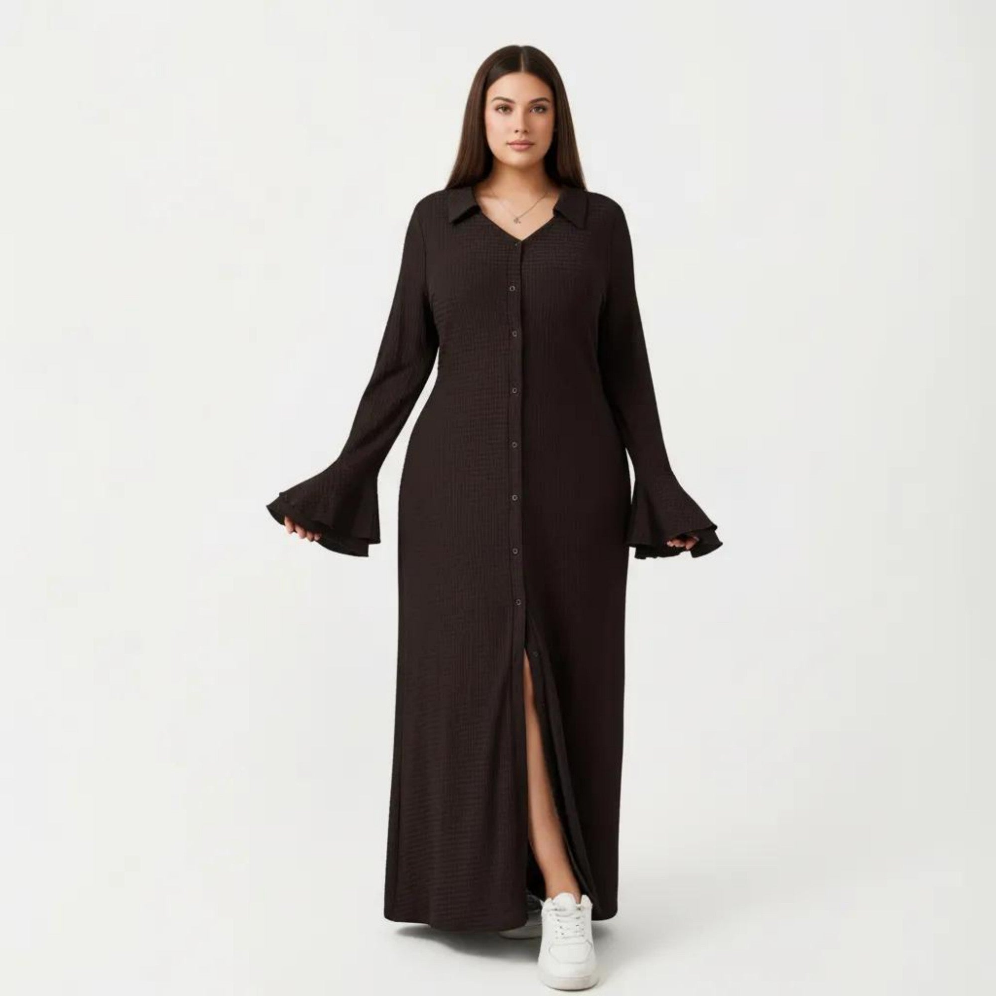 Anna-Kaci Button Down Maxi Dress with Collar Neck Flare Sleeve Detail Front Slit Relaxed Fit Dress