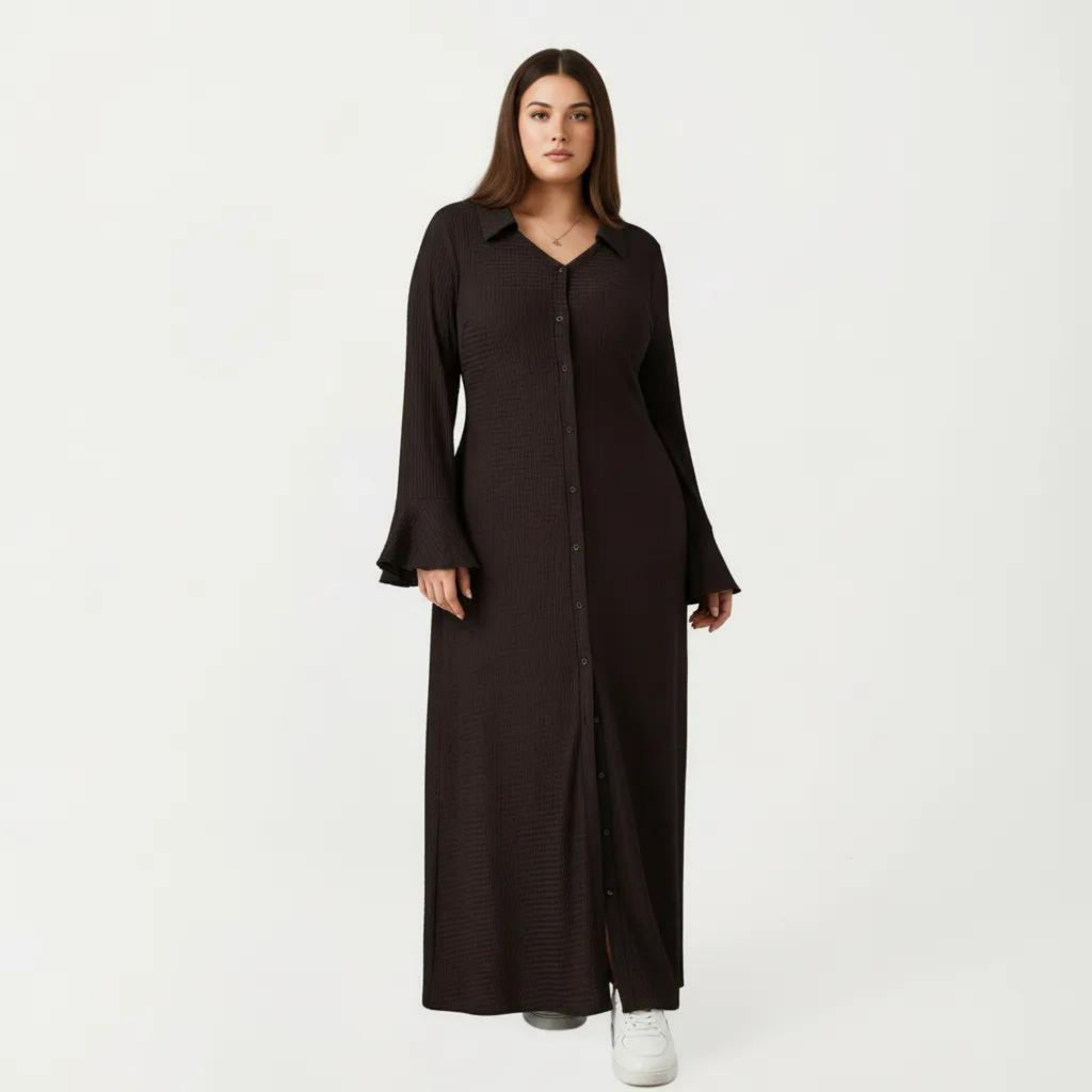 Anna-Kaci Button Down Maxi Dress with Collar Neck Flare Sleeve Detail Front Slit Relaxed Fit Dress