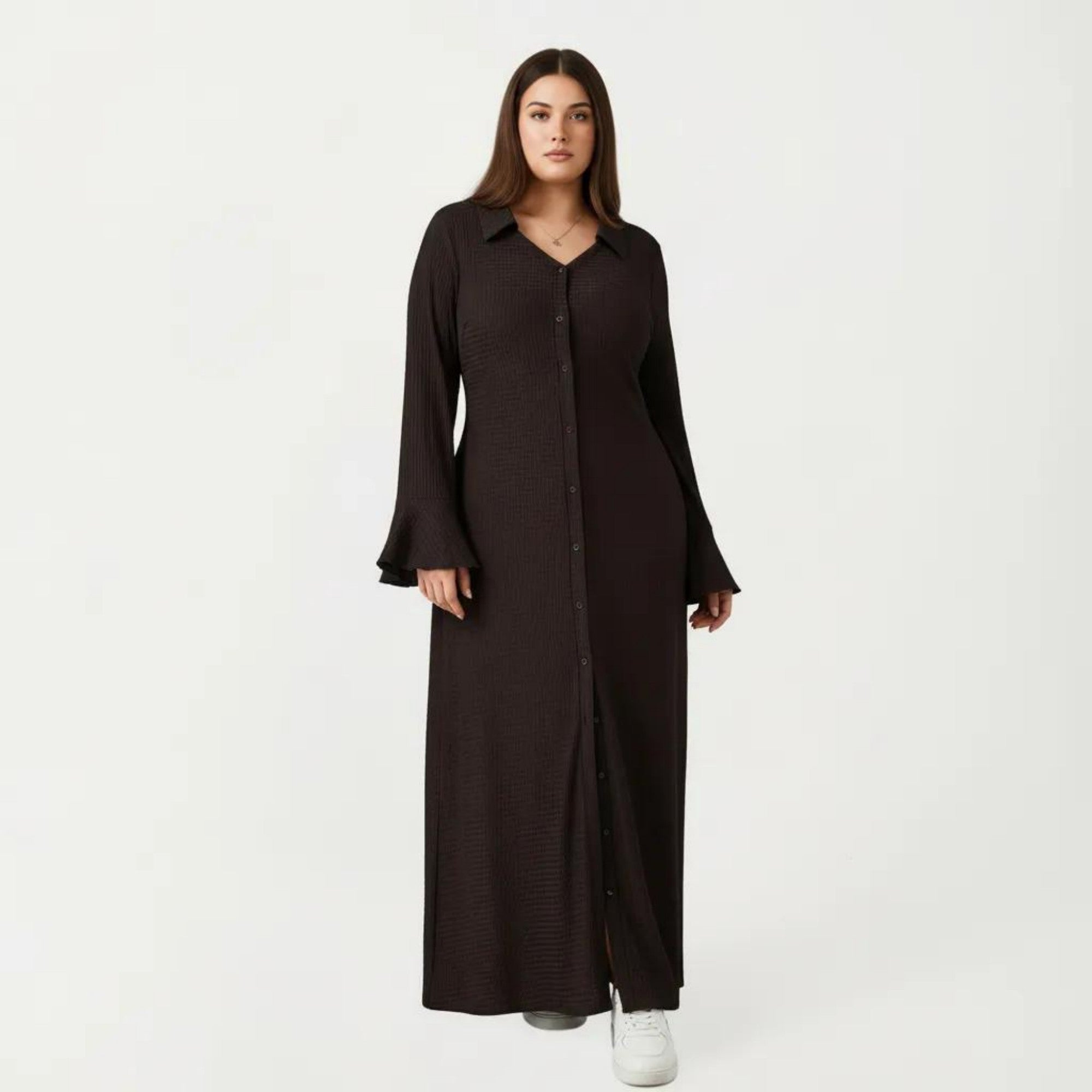 Anna-Kaci Button Down Maxi Dress with Collar Neck Flare Sleeve Detail Front Slit Relaxed Fit Dress
