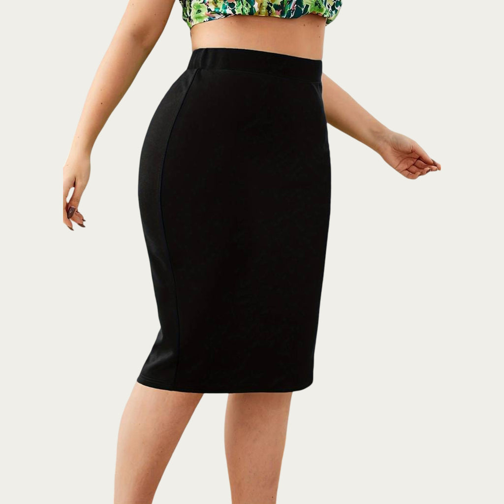 Anna-Kaci Plus Size High Waist Pencil Skirt with Stretch Fit Knee Length Bodycon Silhouette Pull On Skirt