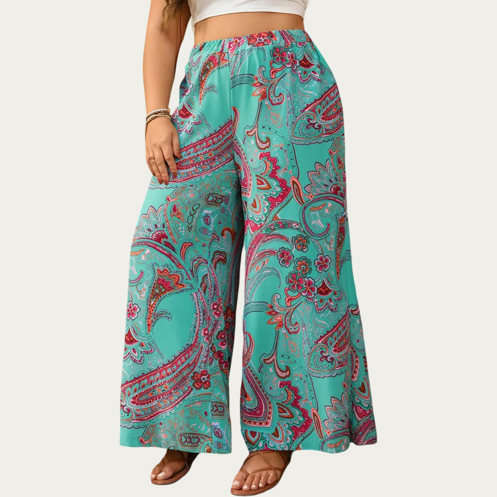Anna-Kaci Plus Size Wide Leg Pants with Paisley Print Elastic Waist High Rise Flowy Palazzo Pants