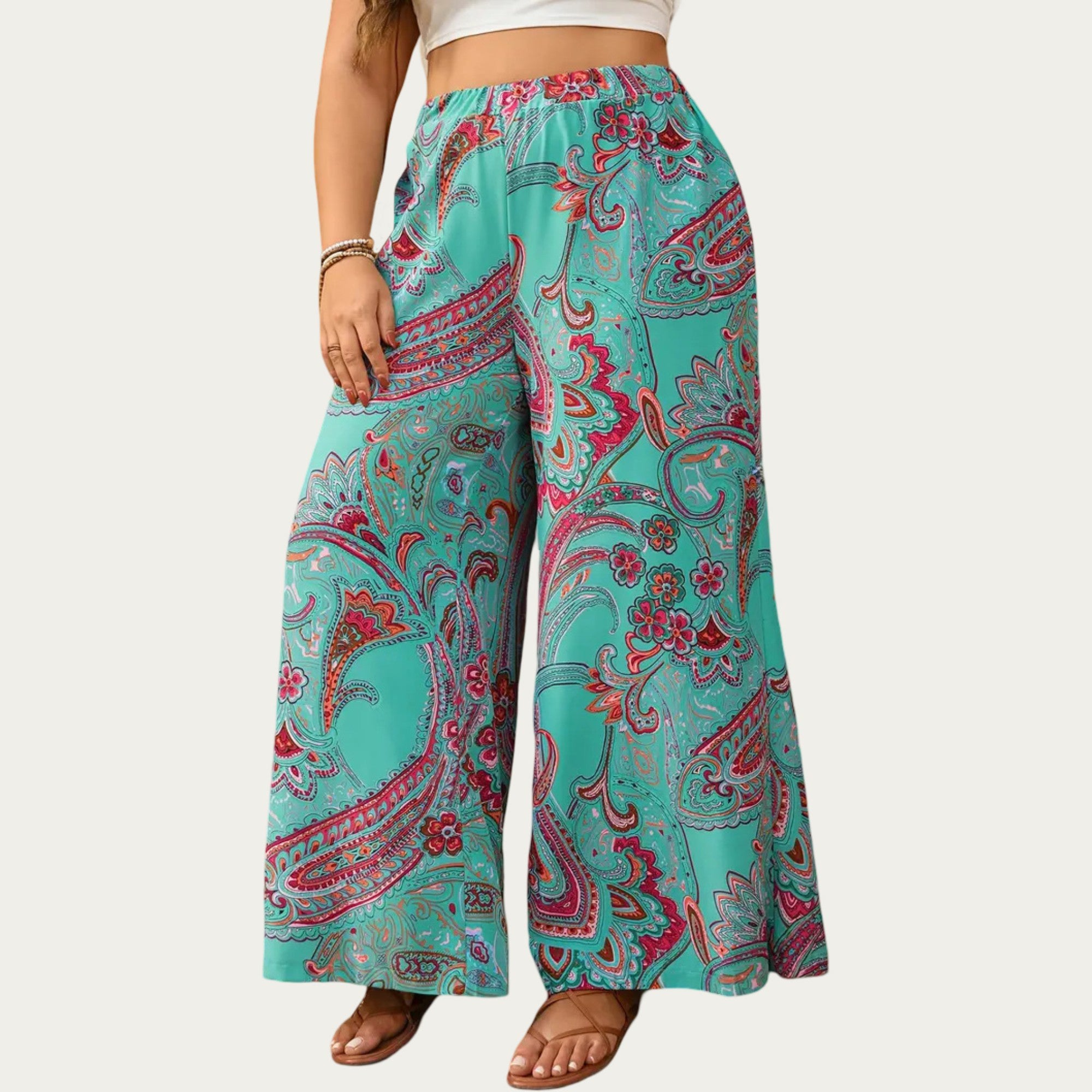 Anna-Kaci Plus Size Wide Leg Pants with Paisley Print Elastic Waist High Rise Flowy Palazzo Pants