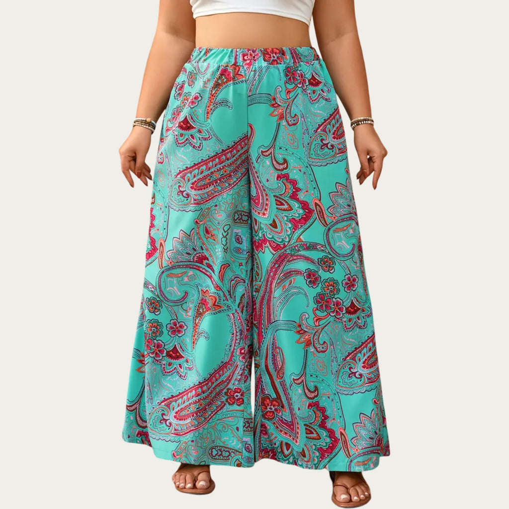 Anna-Kaci Plus Size Wide Leg Pants with Paisley Print Elastic Waist High Rise Flowy Palazzo Pants