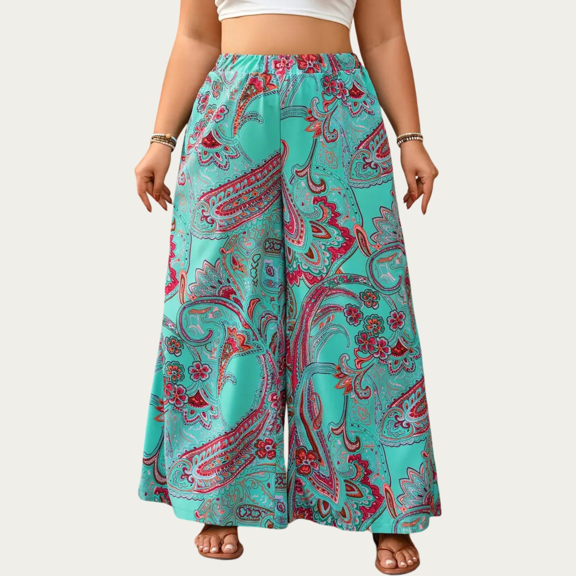 Anna-Kaci Plus Size Wide Leg Pants with Paisley Print Elastic Waist High Rise Flowy Palazzo Pants