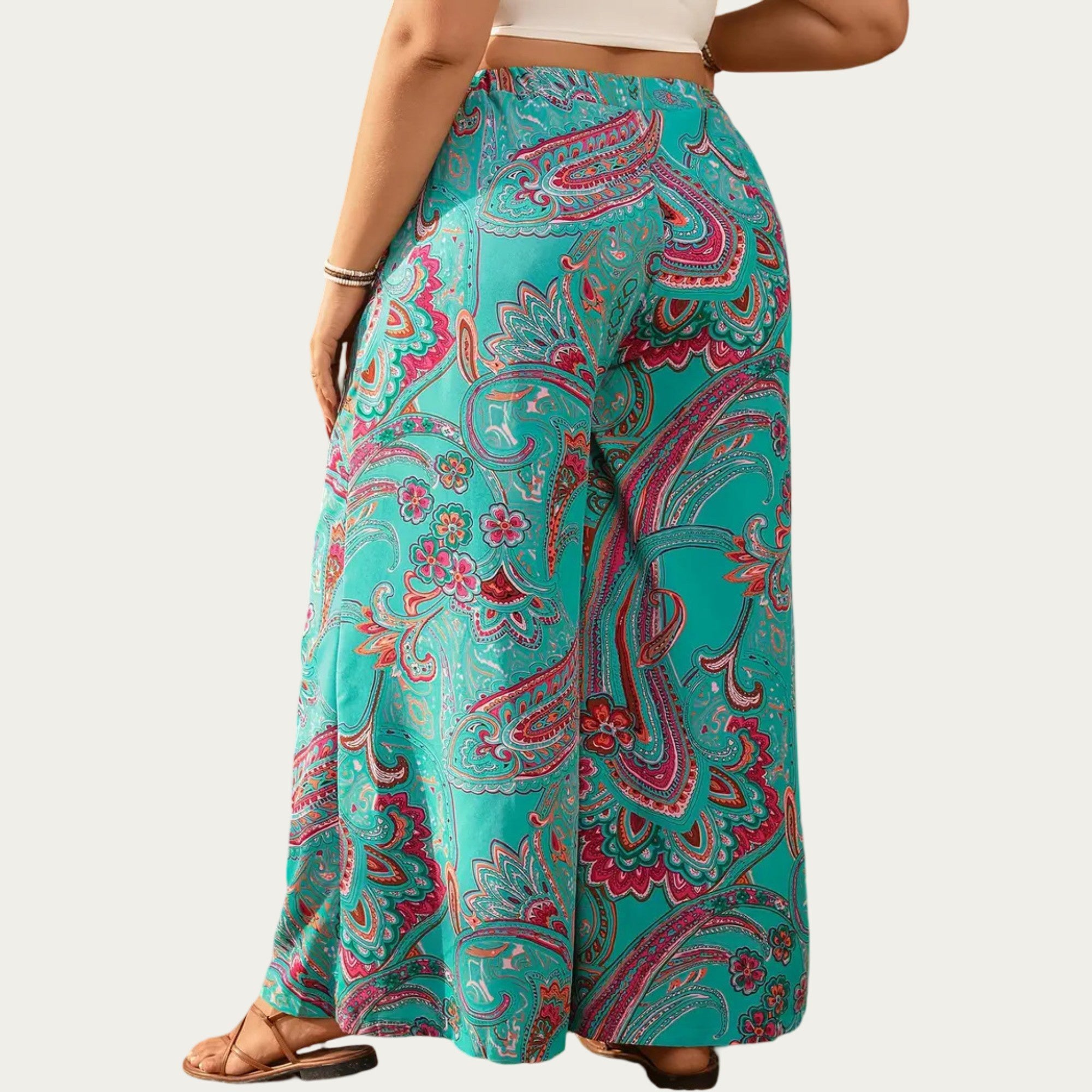 Anna-Kaci Plus Size Wide Leg Pants with Paisley Print Elastic Waist High Rise Flowy Palazzo Pants