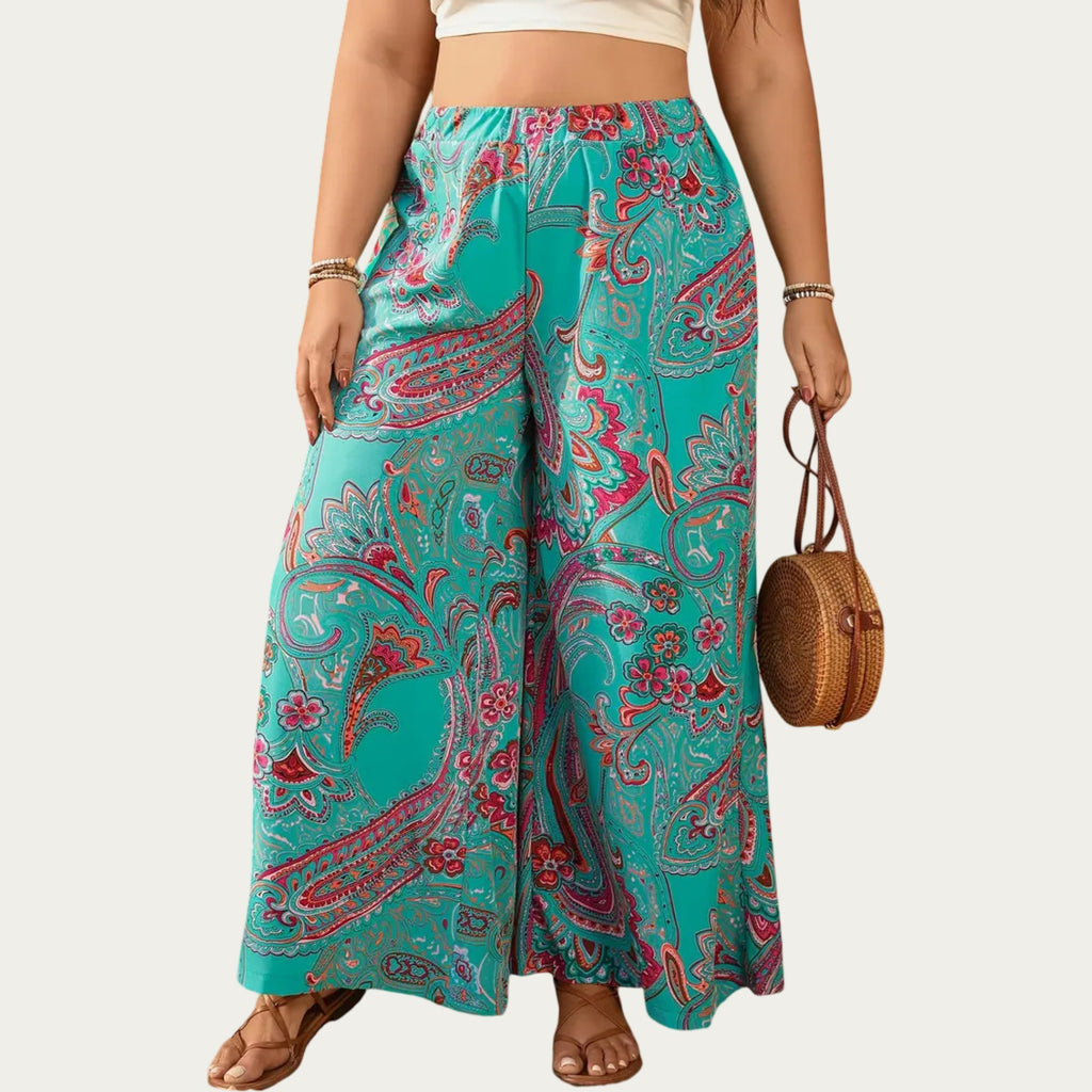 Anna-Kaci Plus Size Wide Leg Pants with Paisley Print Elastic Waist High Rise Flowy Palazzo Pants