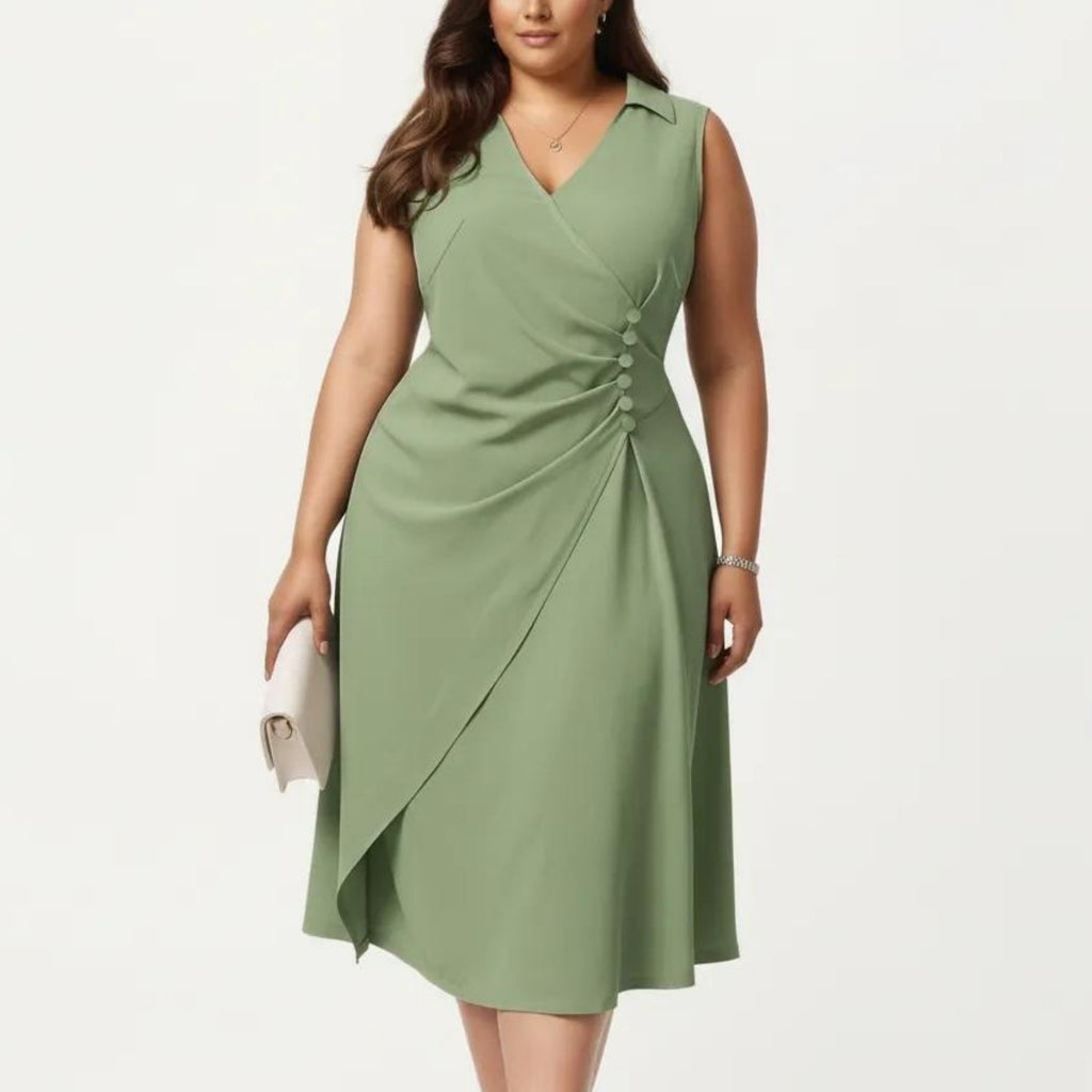 Anna-Kaci Plus Size Sleeveless Wrap Midi Dress with Side Button Detail V Neck Structured Flowy Dress