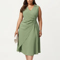Anna-Kaci Plus Size Sleeveless Wrap Midi Dress with Side Button Detail V Neck Structured Flowy Dress