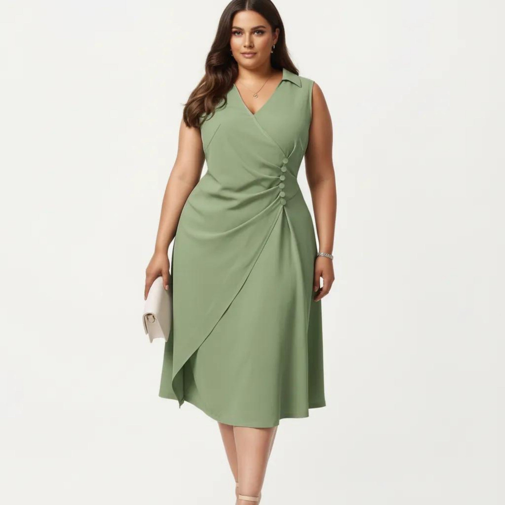 Anna-Kaci Plus Size Sleeveless Wrap Midi Dress with Side Button Detail V Neck Structured Flowy Dress