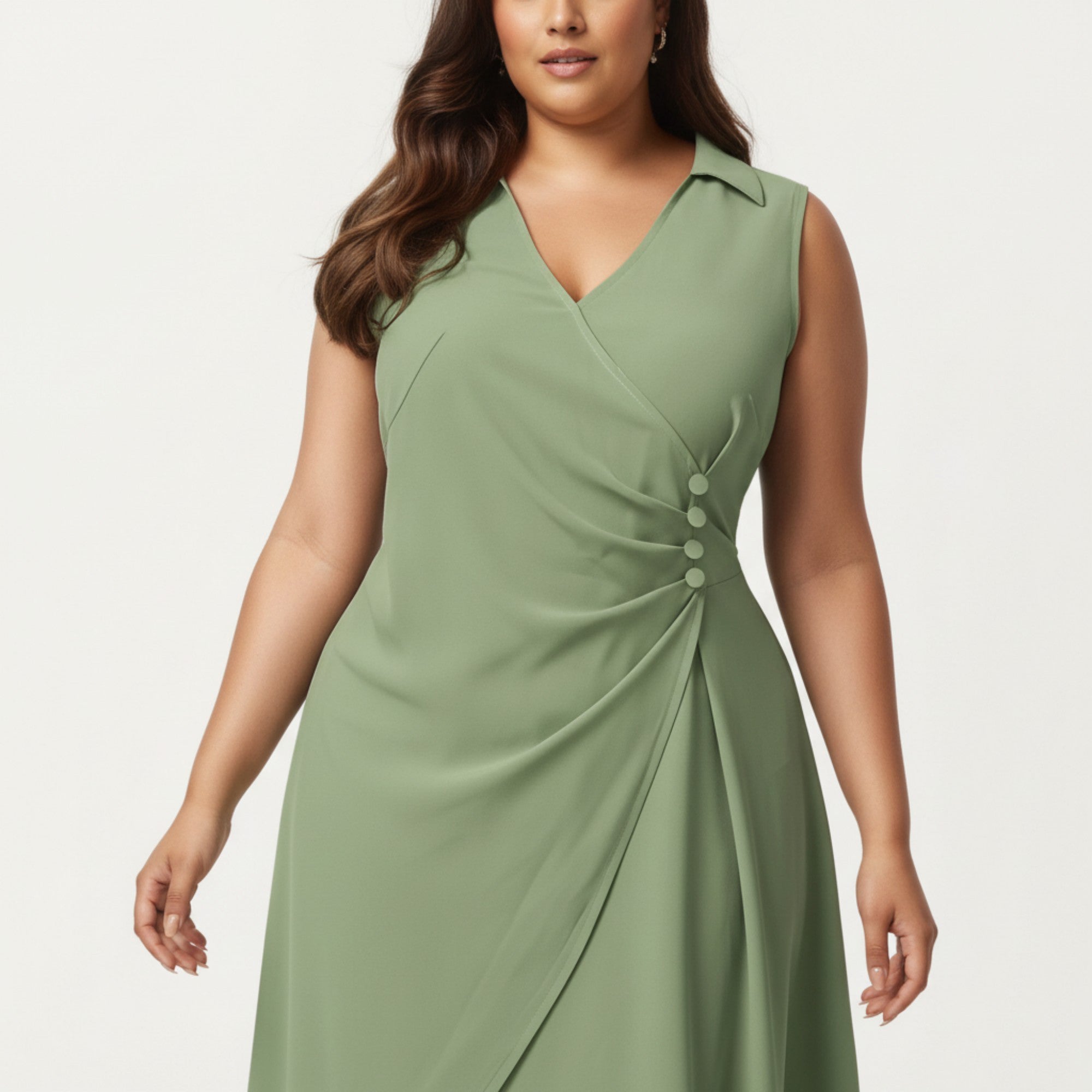 Anna-Kaci Plus Size Sleeveless Wrap Midi Dress with Side Button Detail V Neck Structured Flowy Dress