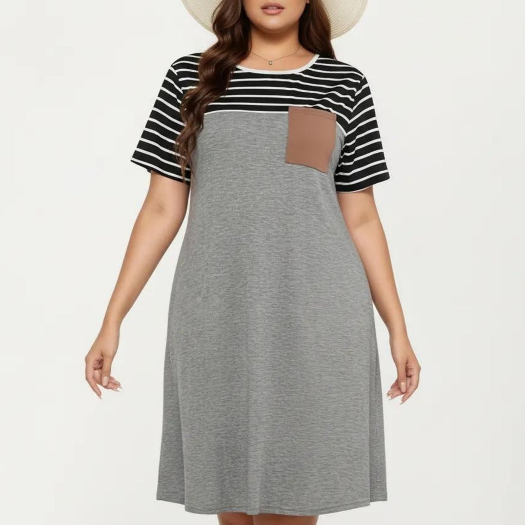 Anna-Kaci Plus Size Short Sleeve T Shirt Dress with Stripe Contrast Top Color Block and Chest Pocket Detail
