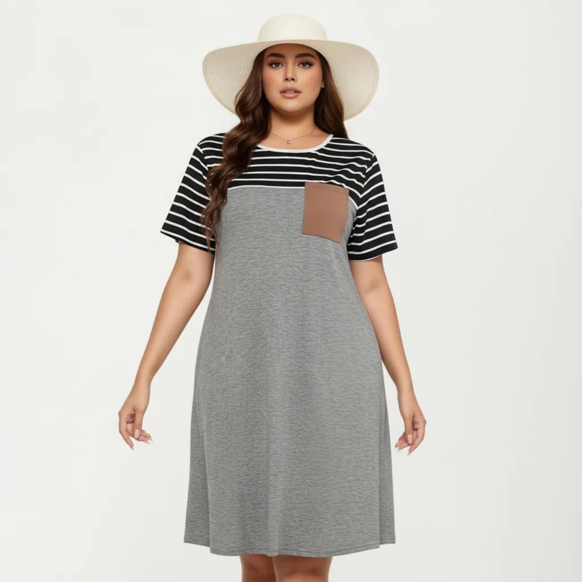 Anna-Kaci Plus Size Short Sleeve T Shirt Dress with Stripe Contrast Top Color Block and Chest Pocket Detail, Plus-1X-14W-16W / Gray