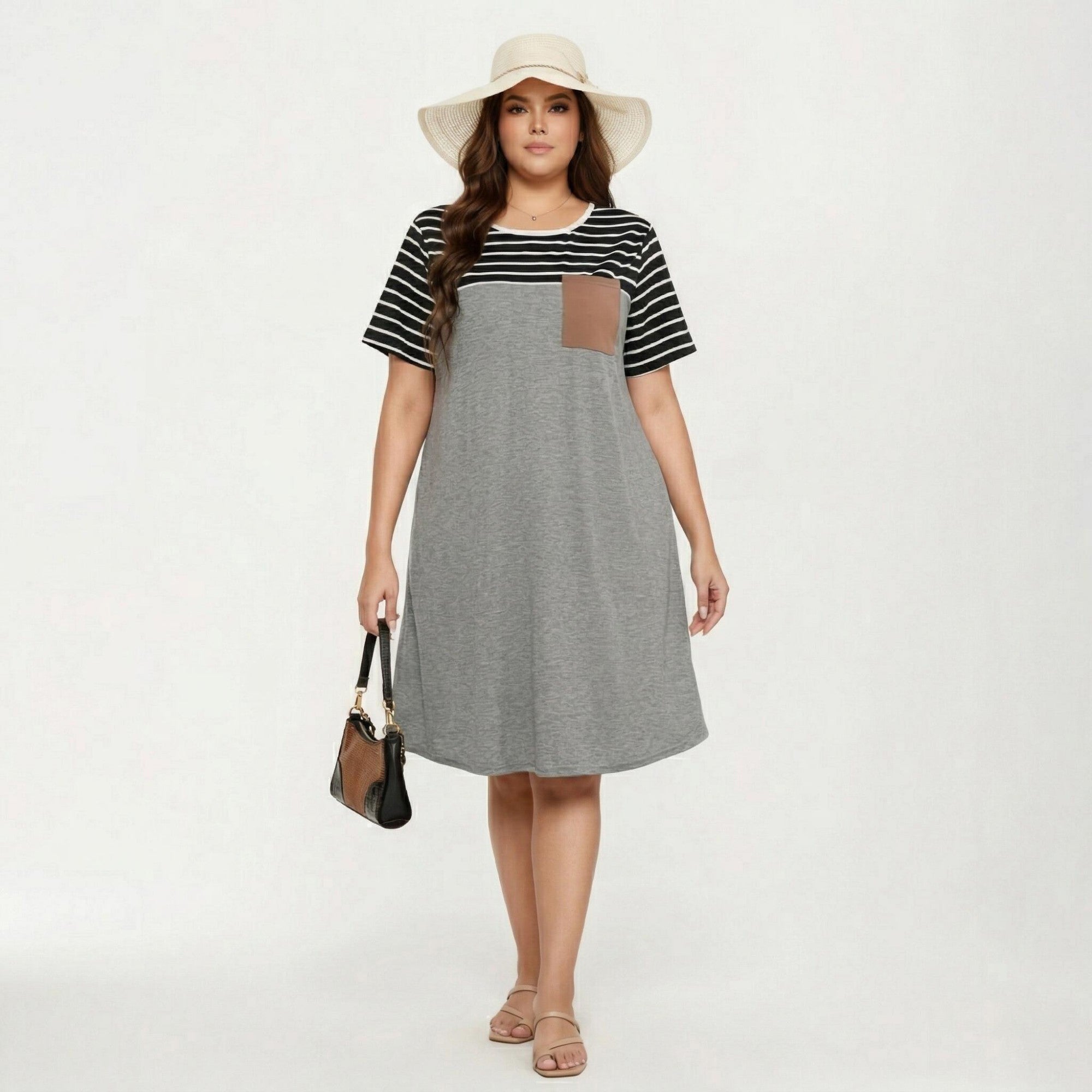 Anna-Kaci Plus Size Short Sleeve T Shirt Dress with Stripe Contrast Top Color Block and Chest Pocket Detail