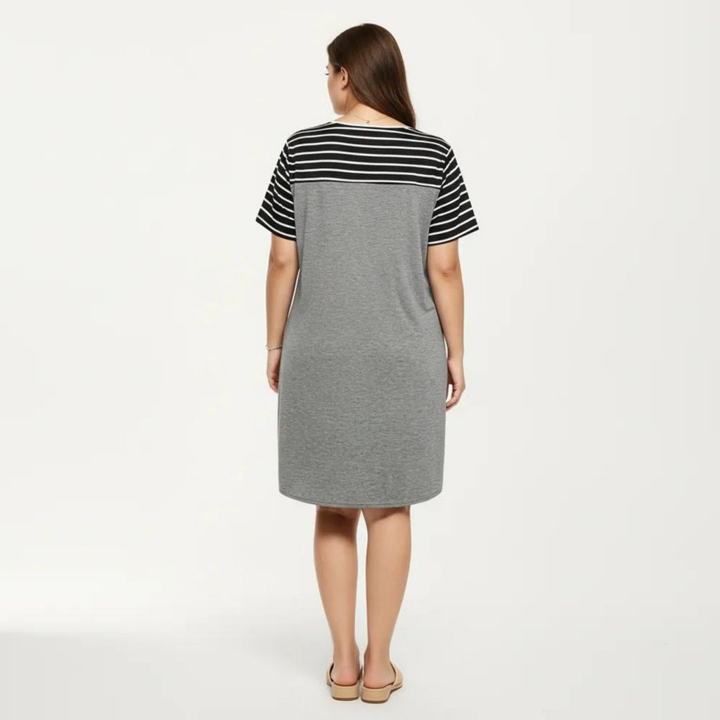 Anna-Kaci Plus Size Short Sleeve T Shirt Dress with Stripe Contrast Top Color Block and Chest Pocket Detail