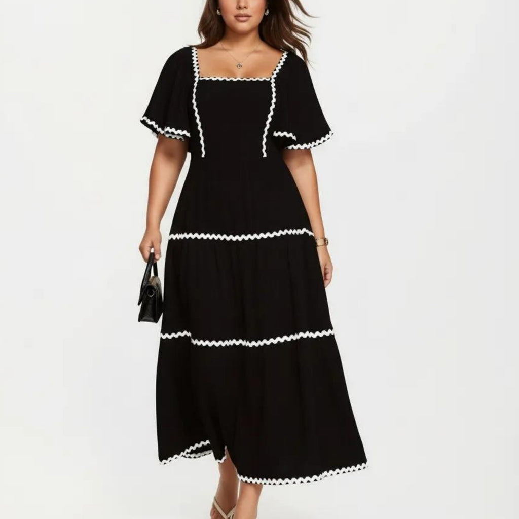 Anna-Kaci Plus Size Square Neck Midi Dress with Contrast Trim Detail Short Sleeve Tiered Flowy Dress