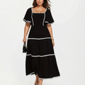 Anna-Kaci Plus Size Square Neck Midi Dress with Contrast Trim Detail Short Sleeve Tiered Flowy Dress