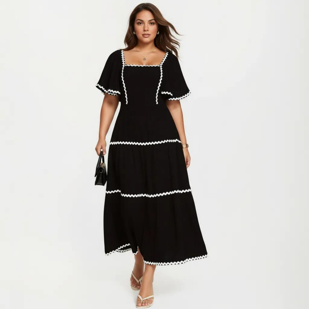 Anna-Kaci Plus Size Square Neck Midi Dress with Contrast Trim Detail Short Sleeve Tiered Flowy Dress