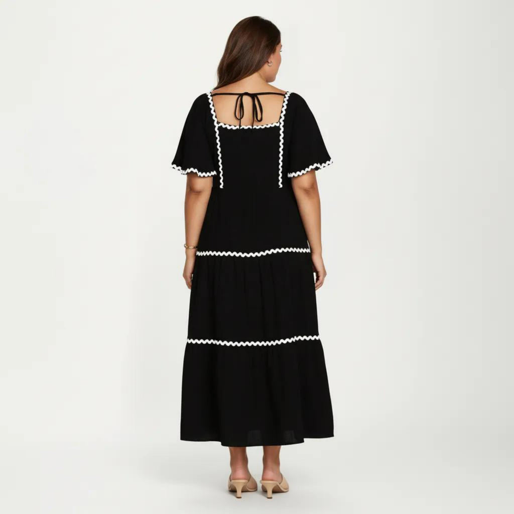 Anna-Kaci Plus Size Square Neck Midi Dress with Contrast Trim Detail Short Sleeve Tiered Flowy Dress