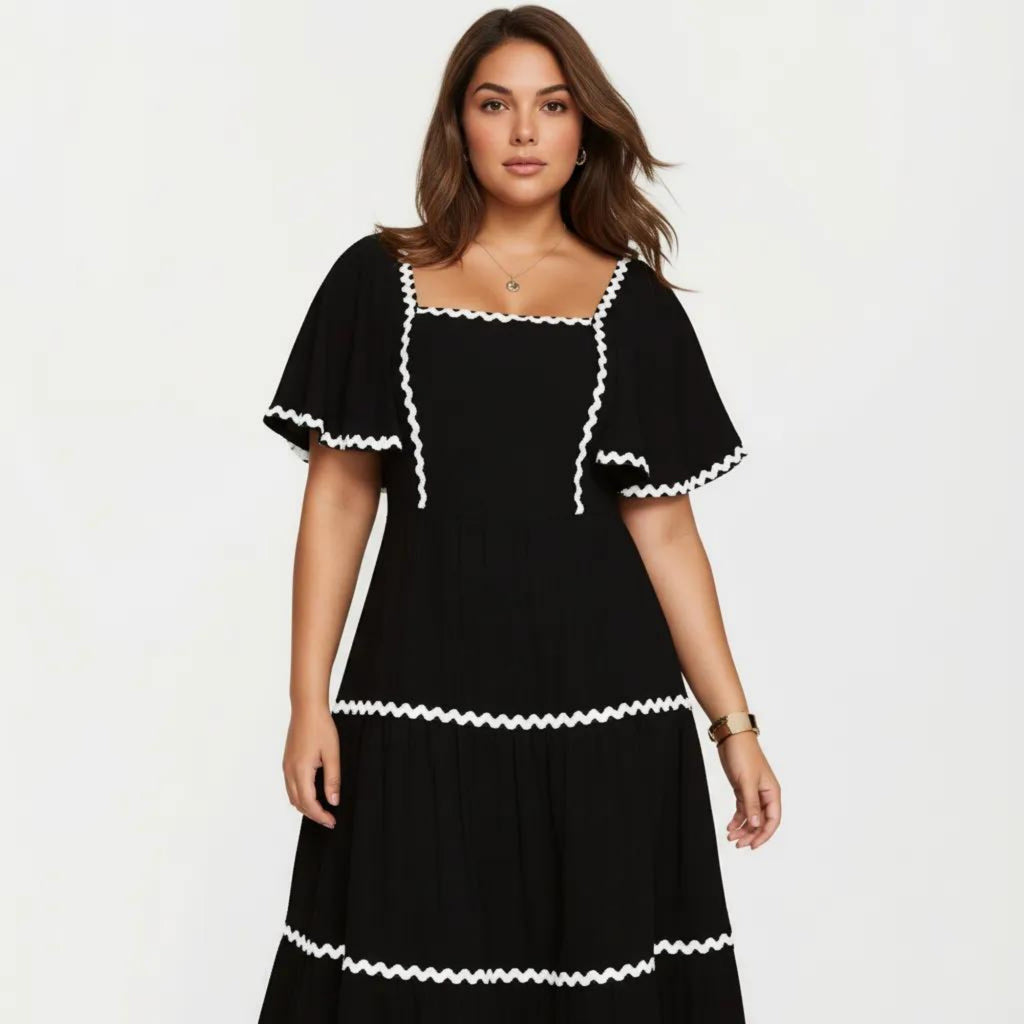 Anna-Kaci Plus Size Square Neck Midi Dress with Contrast Trim Detail Short Sleeve Tiered Flowy Dress