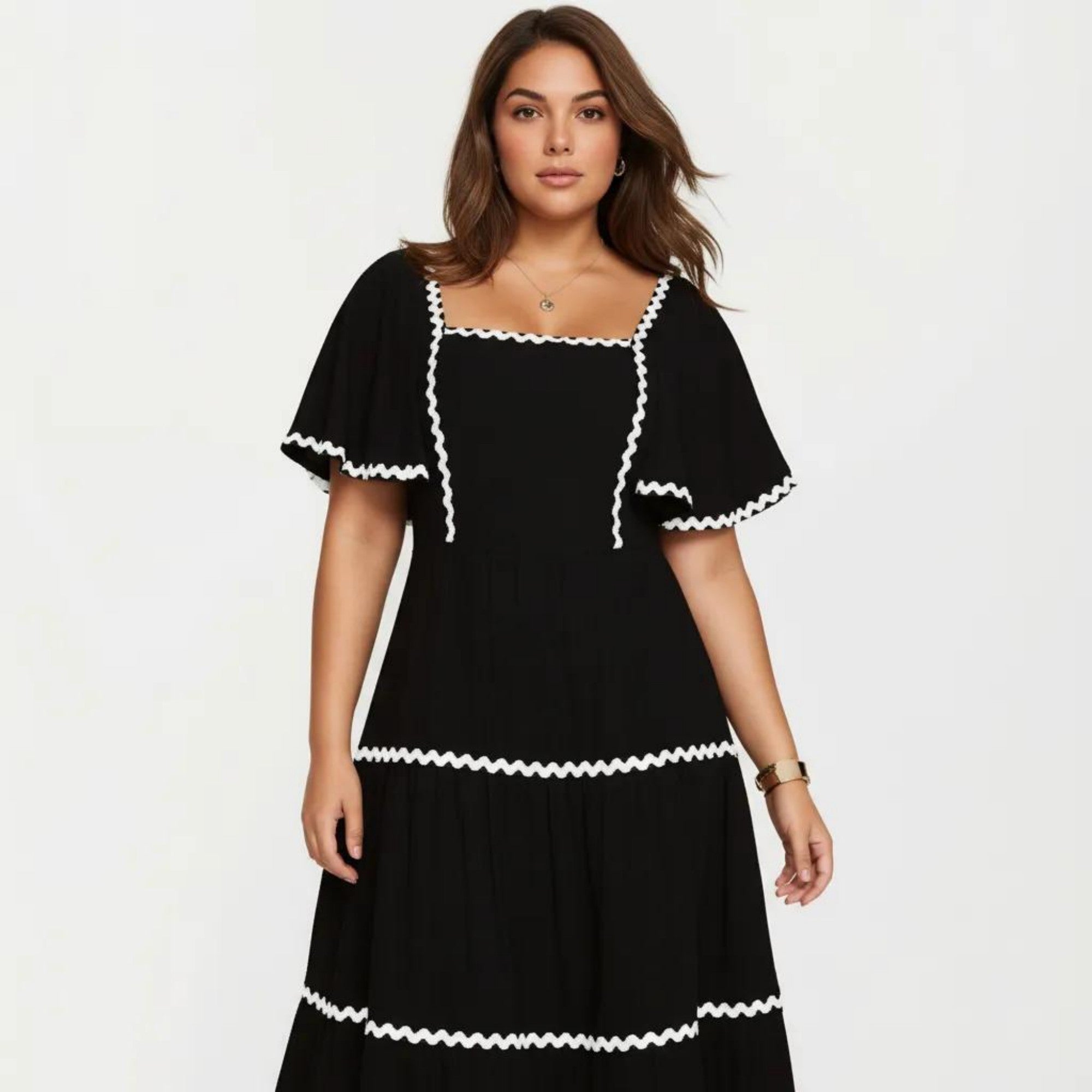 Anna-Kaci Plus Size Square Neck Midi Dress with Contrast Trim Detail Short Sleeve Tiered Flowy Dress