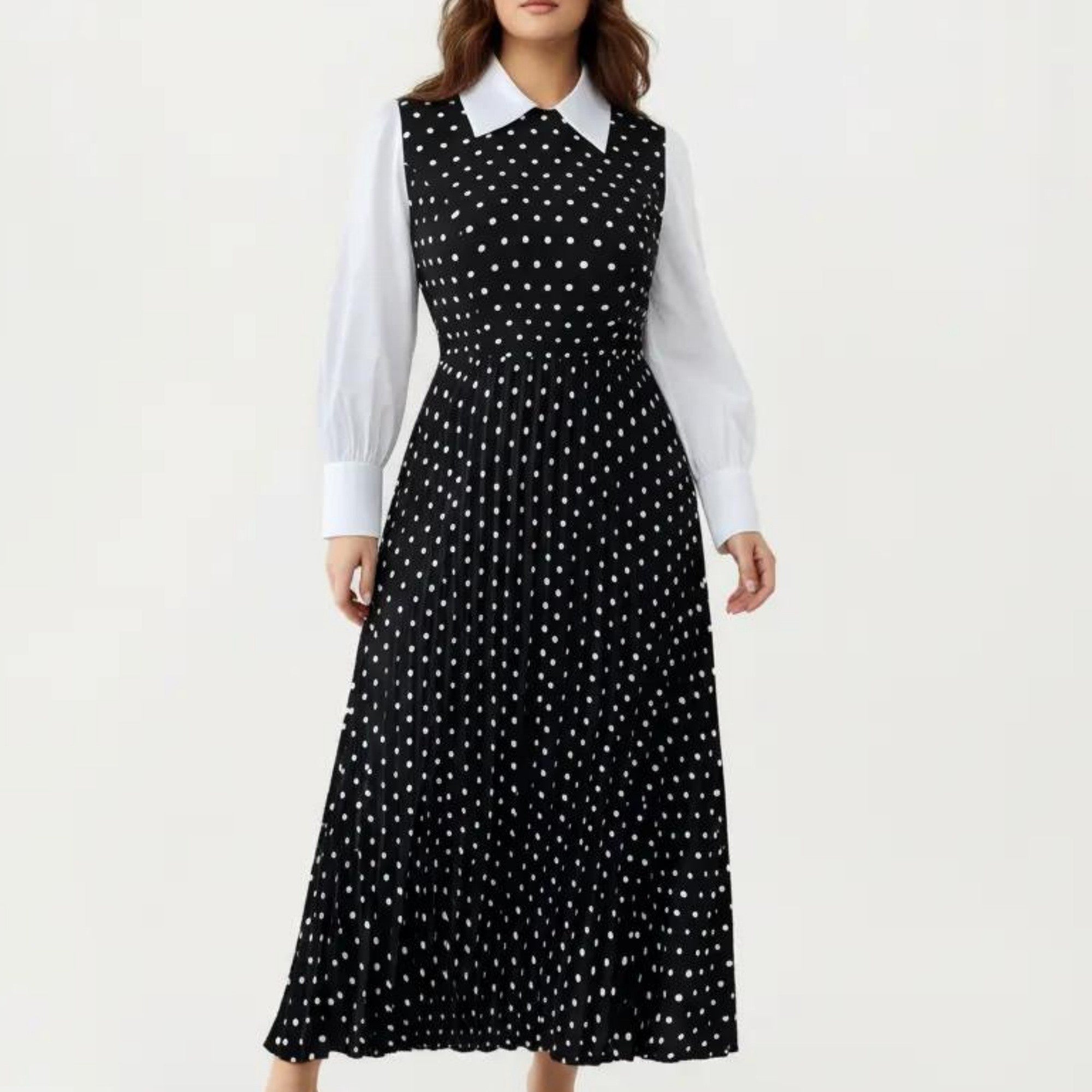 Anna-Kaci Long Sleeve Polka Dot Midi Dress with Collared Neck Contrast Sleeve Detail and Pleated Skirt