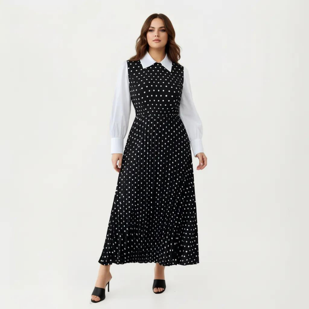 Anna-Kaci Long Sleeve Polka Dot Midi Dress with Collared Neck Contrast Sleeve Detail and Pleated Skirt