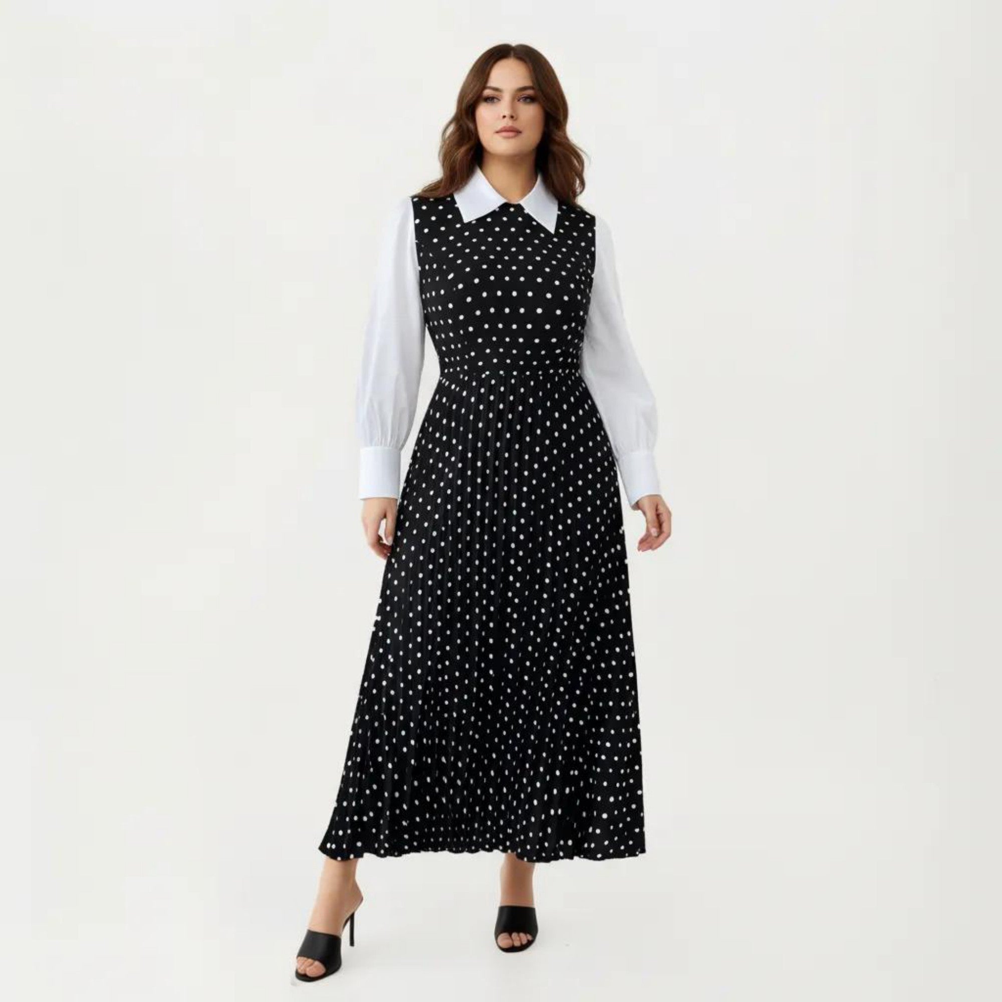 Anna-Kaci Long Sleeve Polka Dot Midi Dress with Collared Neck Contrast Sleeve Detail and Pleated Skirt