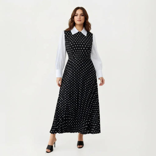 Anna-Kaci Long Sleeve Polka Dot Midi Dress with Collared Neck Contrast Sleeve Detail and Pleated Skirt