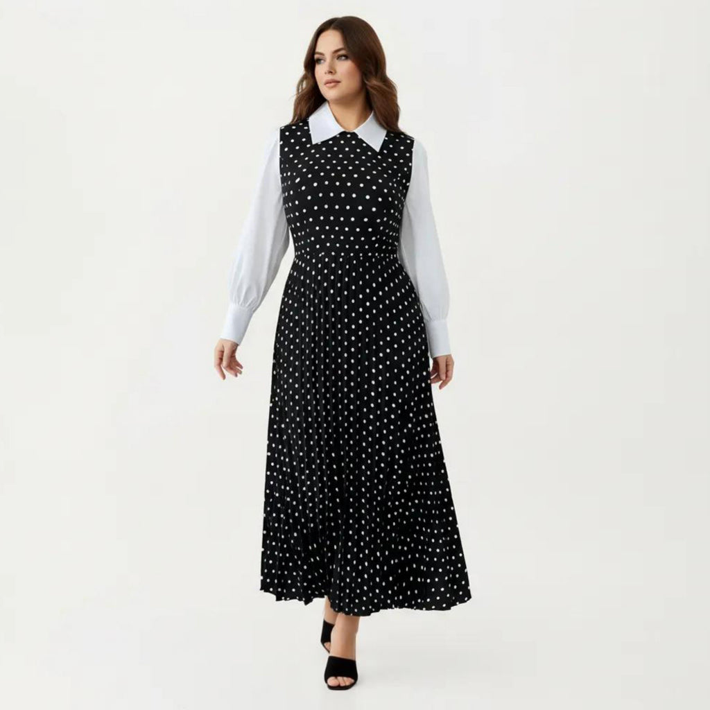 Anna-Kaci Long Sleeve Polka Dot Midi Dress with Collared Neck Contrast Sleeve Detail and Pleated Skirt