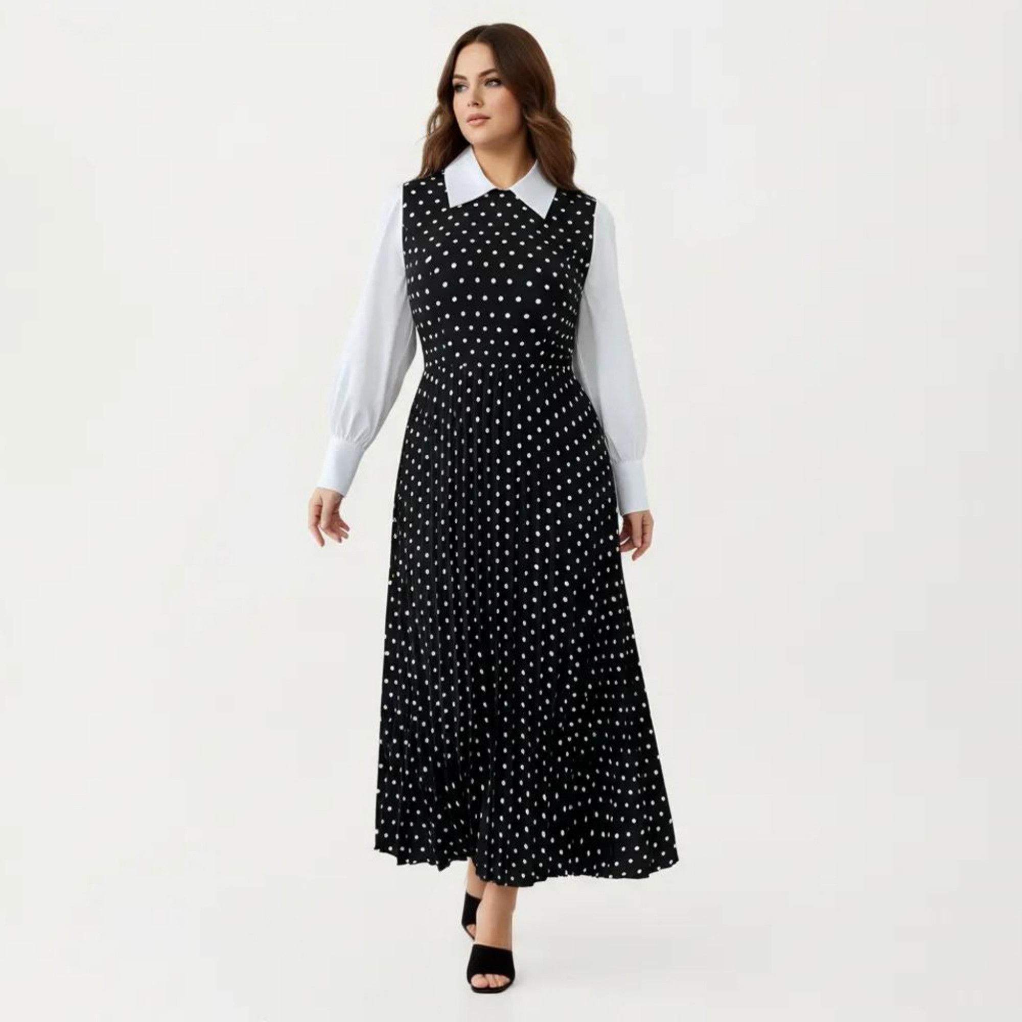 Anna-Kaci Long Sleeve Polka Dot Midi Dress with Collared Neck Contrast Sleeve Detail and Pleated Skirt