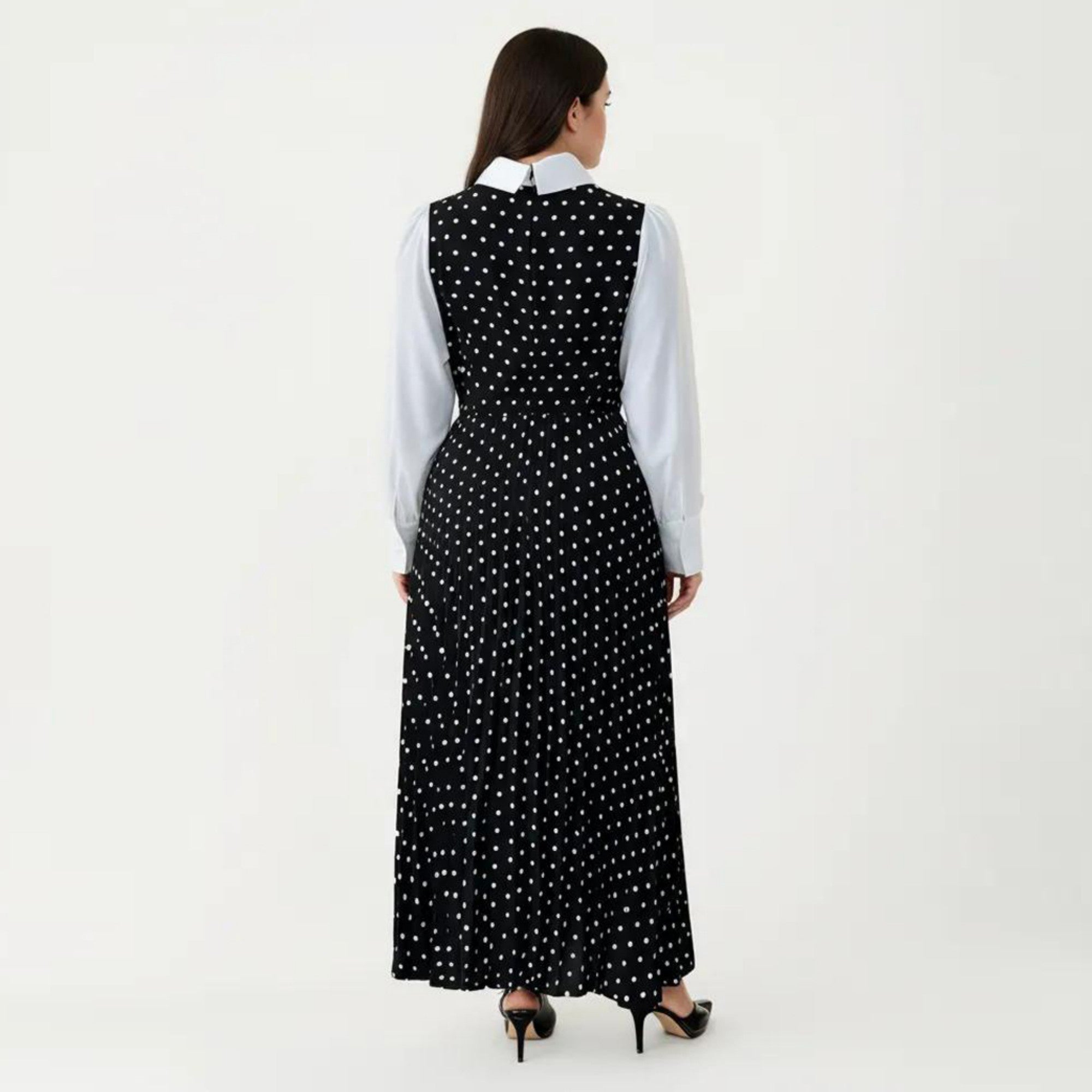 Anna-Kaci Long Sleeve Polka Dot Midi Dress with Collared Neck Contrast Sleeve Detail and Pleated Skirt